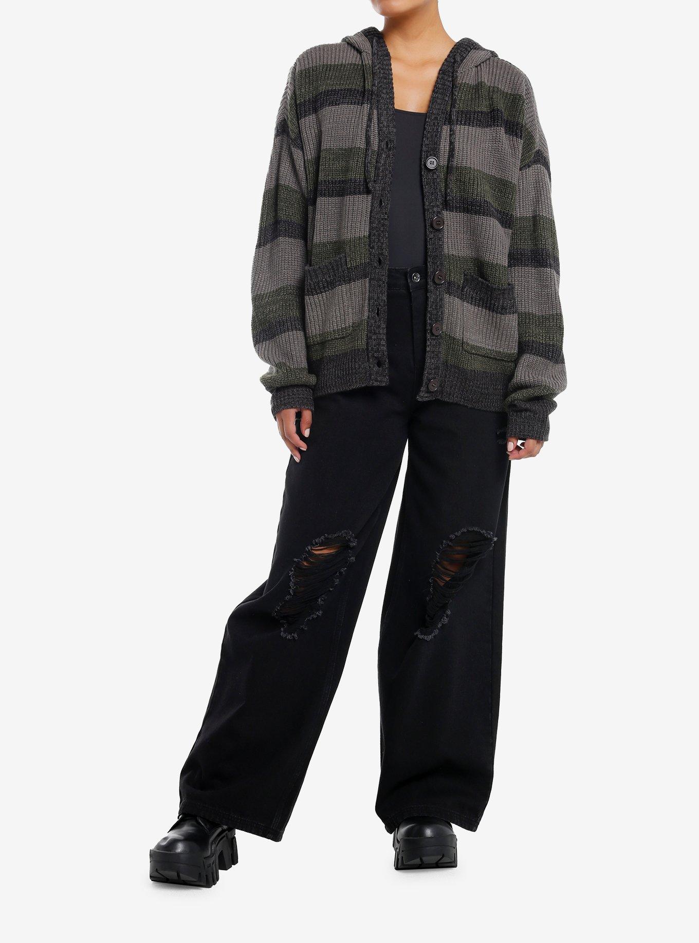 Social Collision Grey & Dark Green Stripe Girls Oversized Cardigan, , hi-res