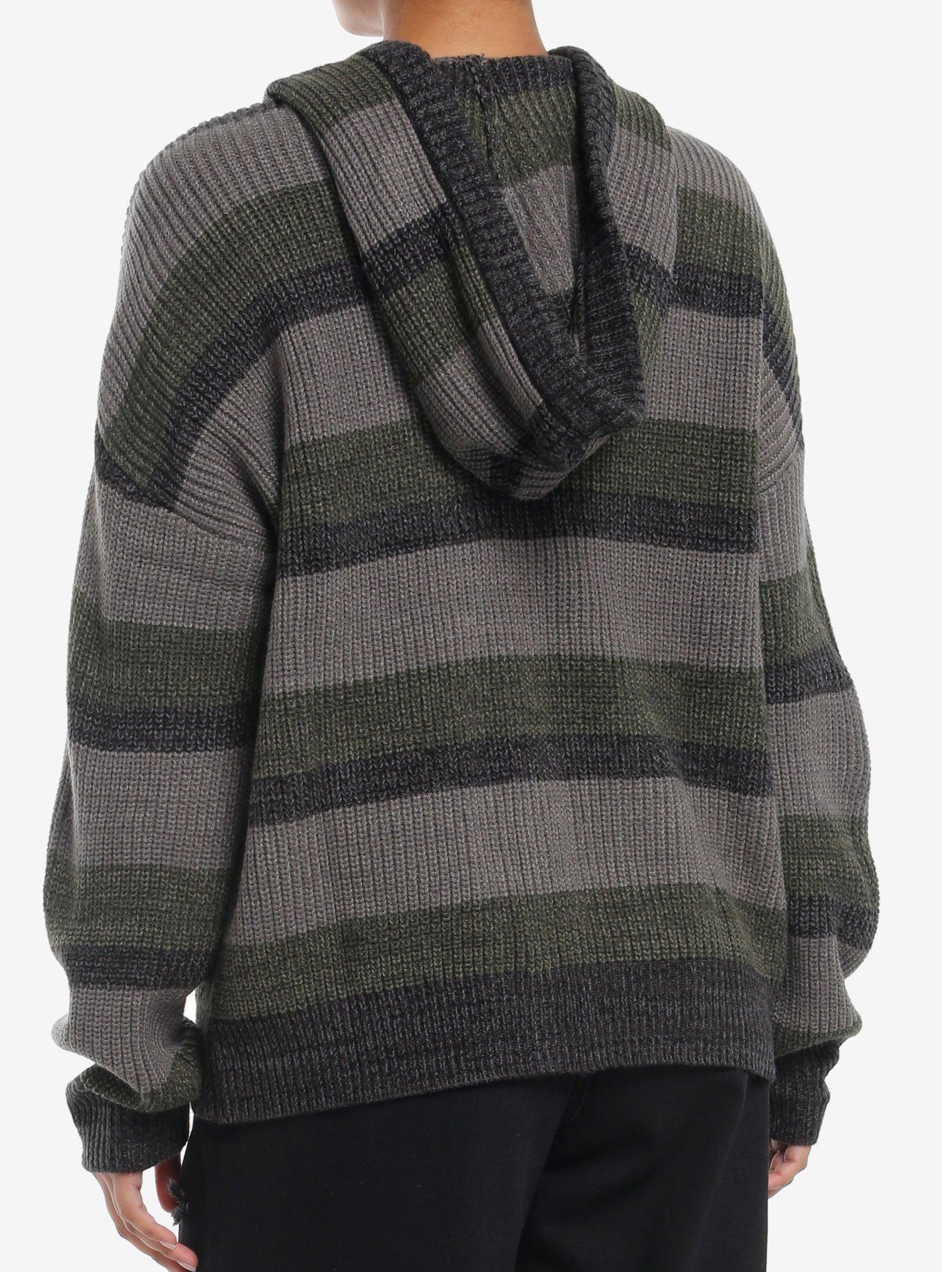 Social Collision Grey & Dark Green Stripe Girls Oversized Cardigan, GREY, alternate