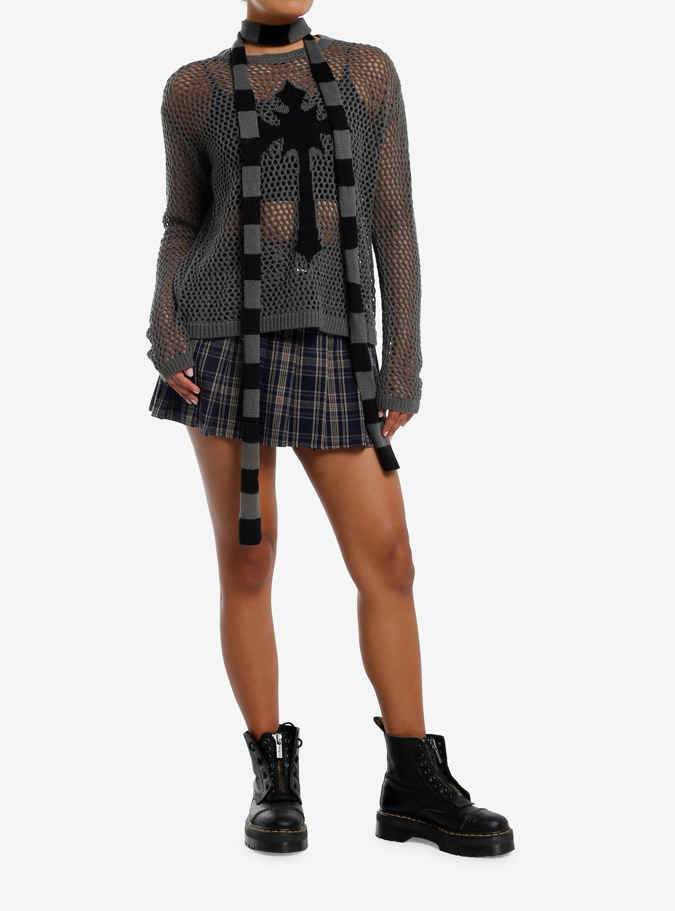 Social Collision Cross Open Knit Girls Sweater With Stripe Scarf, , hi-res