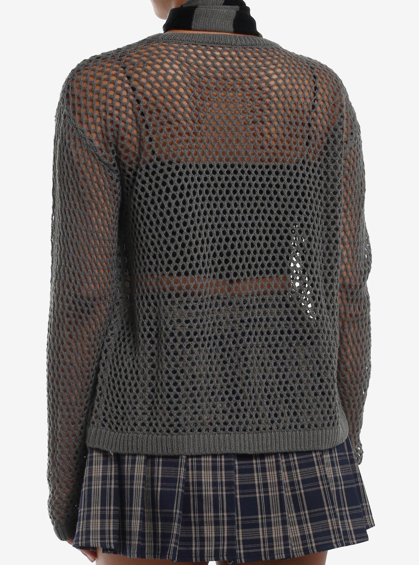 Social Collision Cross Open Knit Girls Sweater With Stripe Scarf, BLACK, alternate