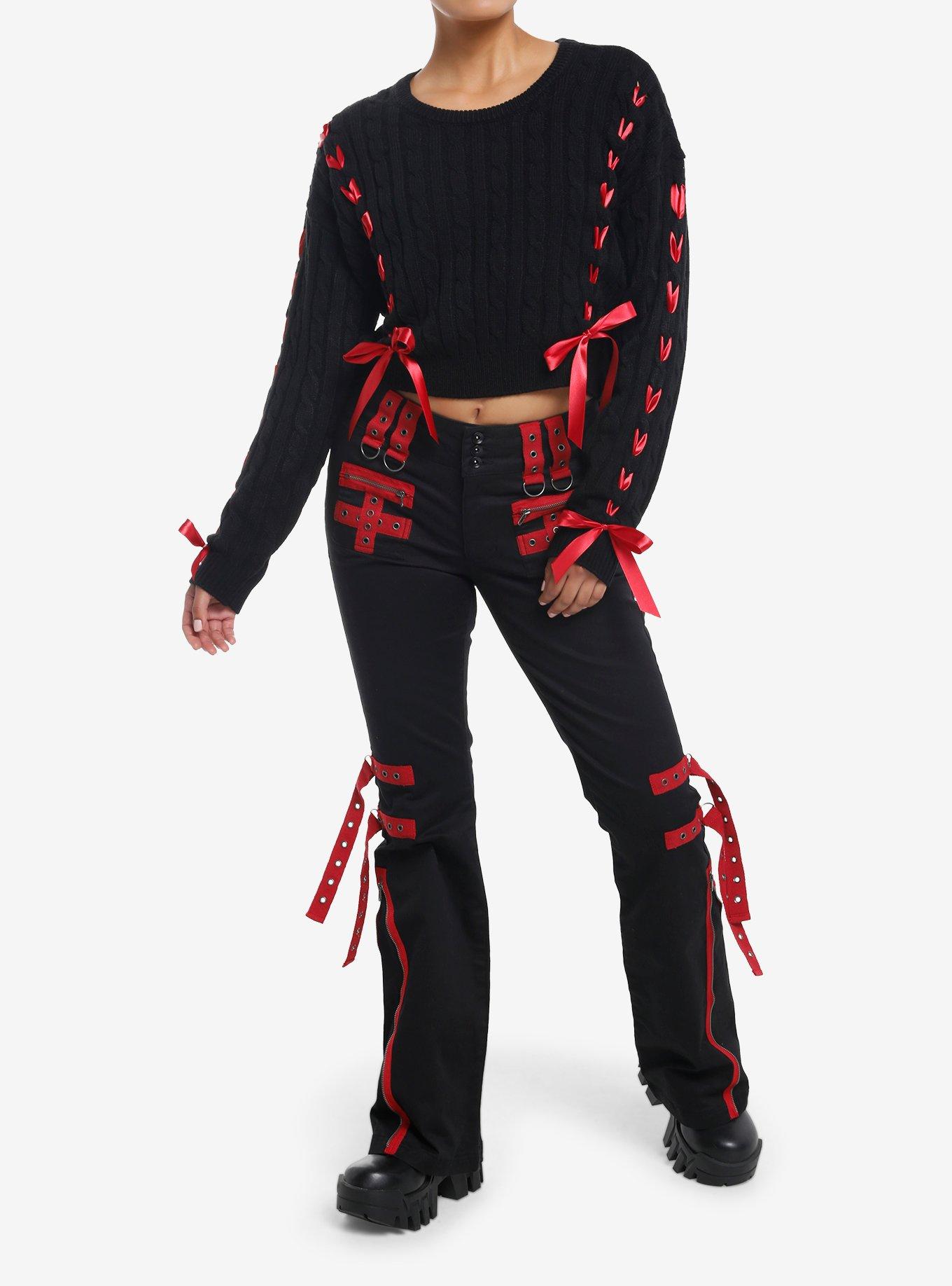 Social Collision Black Cable Knit Red Ribbon Girls Crop Sweater, , hi-res