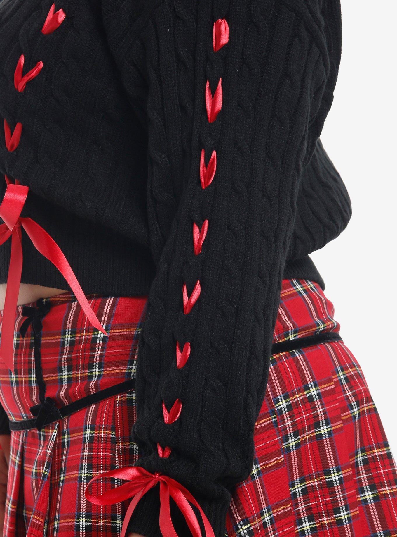 Social Collision Black Cable Knit Red Ribbon Crop Girls Sweater Plus Size, , hi-res