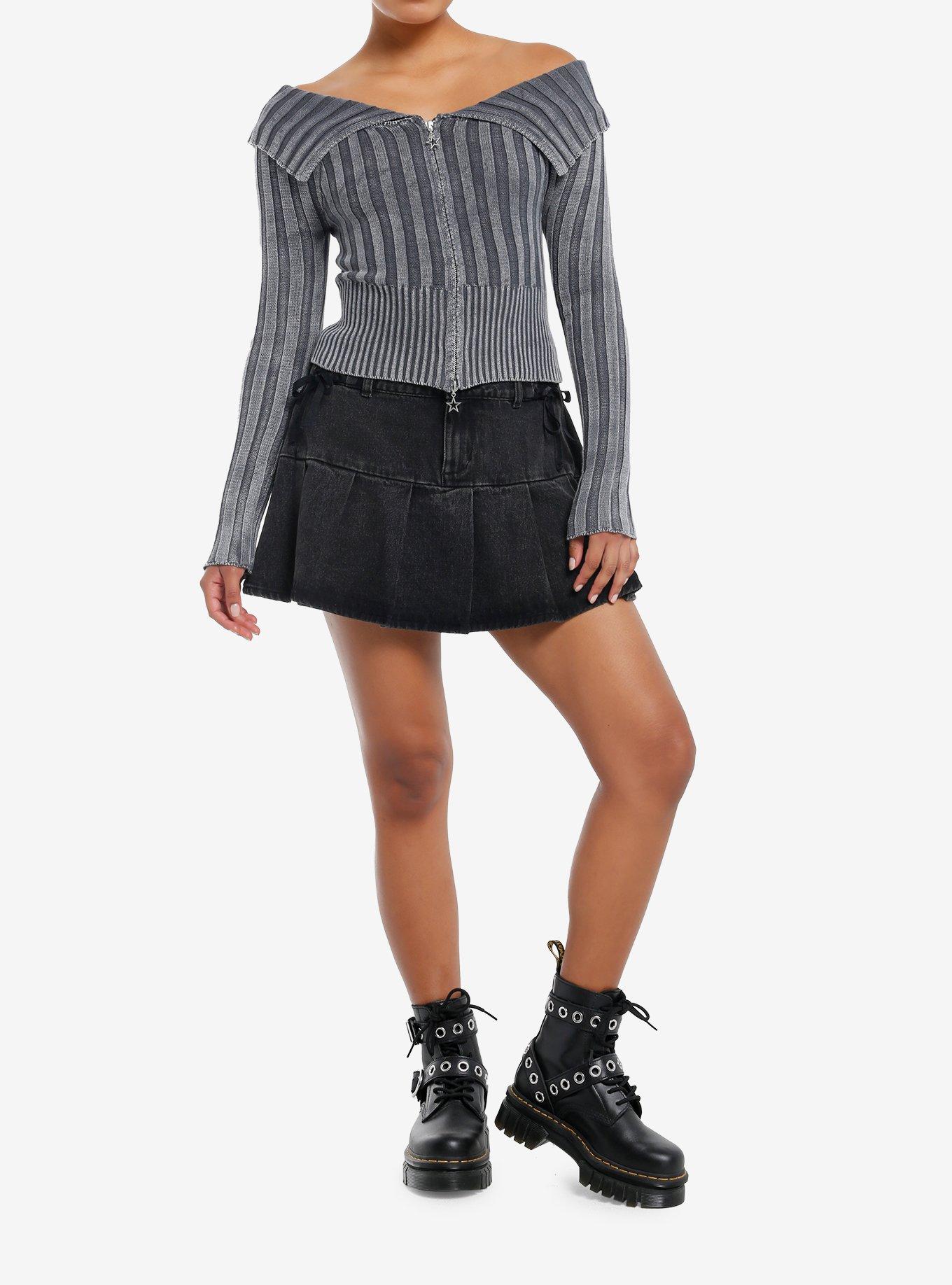 Social Collision Grey Washed Off-Shoulder Girls Zip Cardigan, , hi-res