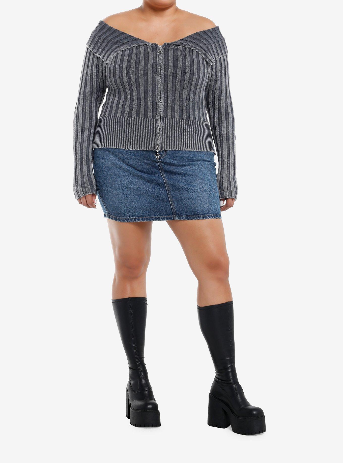 Social Collision Grey Washed Off-Shoulder Girls Zip Cardigan Plus Size, , hi-res
