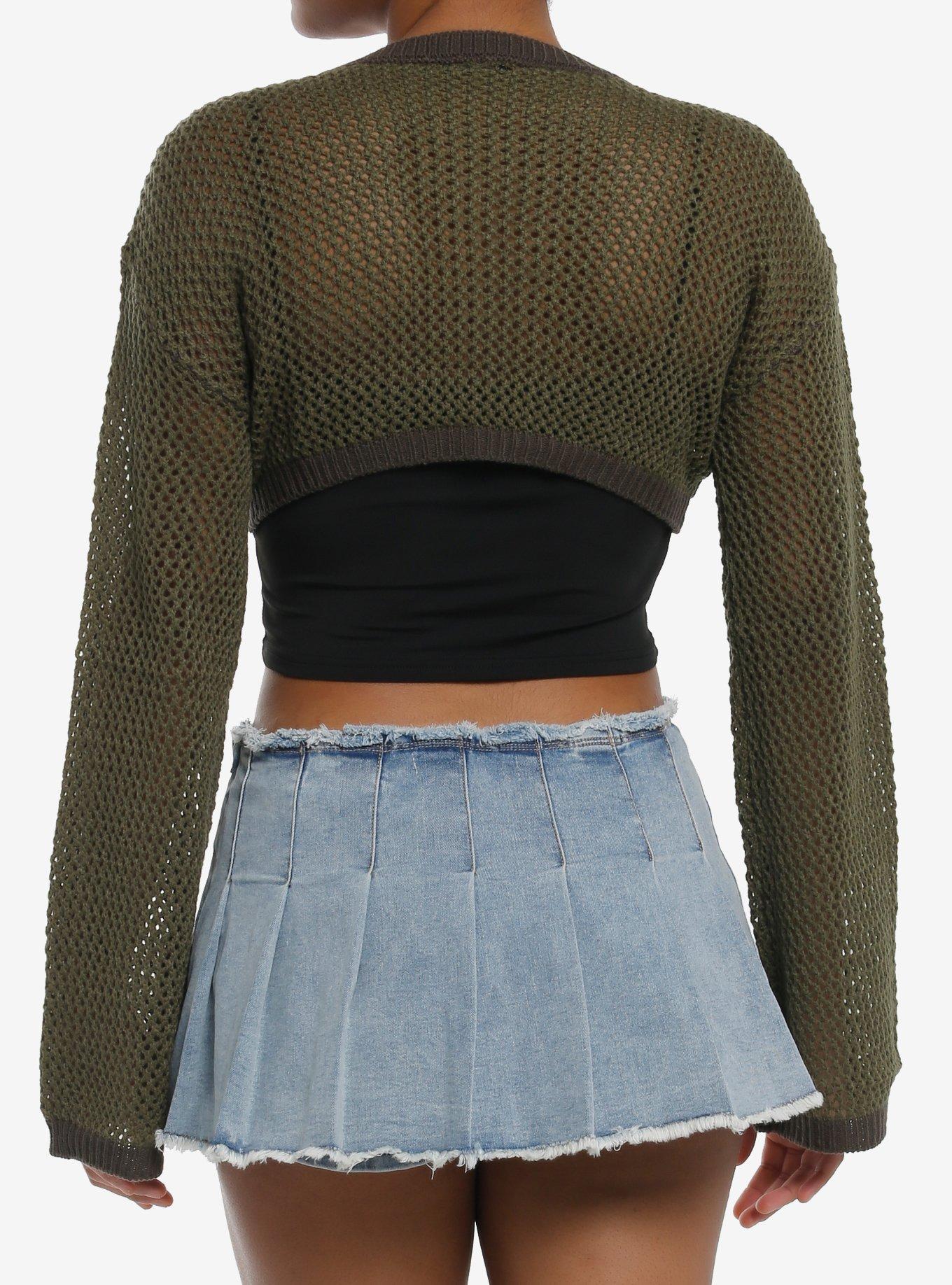 Thorn & Fable Tree Butterfly Knit Girls Crop Sweater, GREEN, alternate