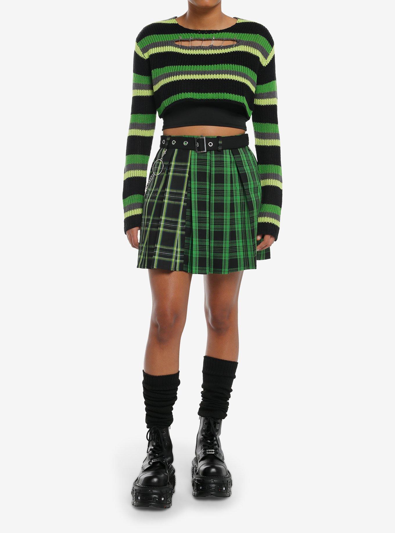 Social Collision Green Stripe Safety Pin Bolero Girls Crop Shrug, , hi-res