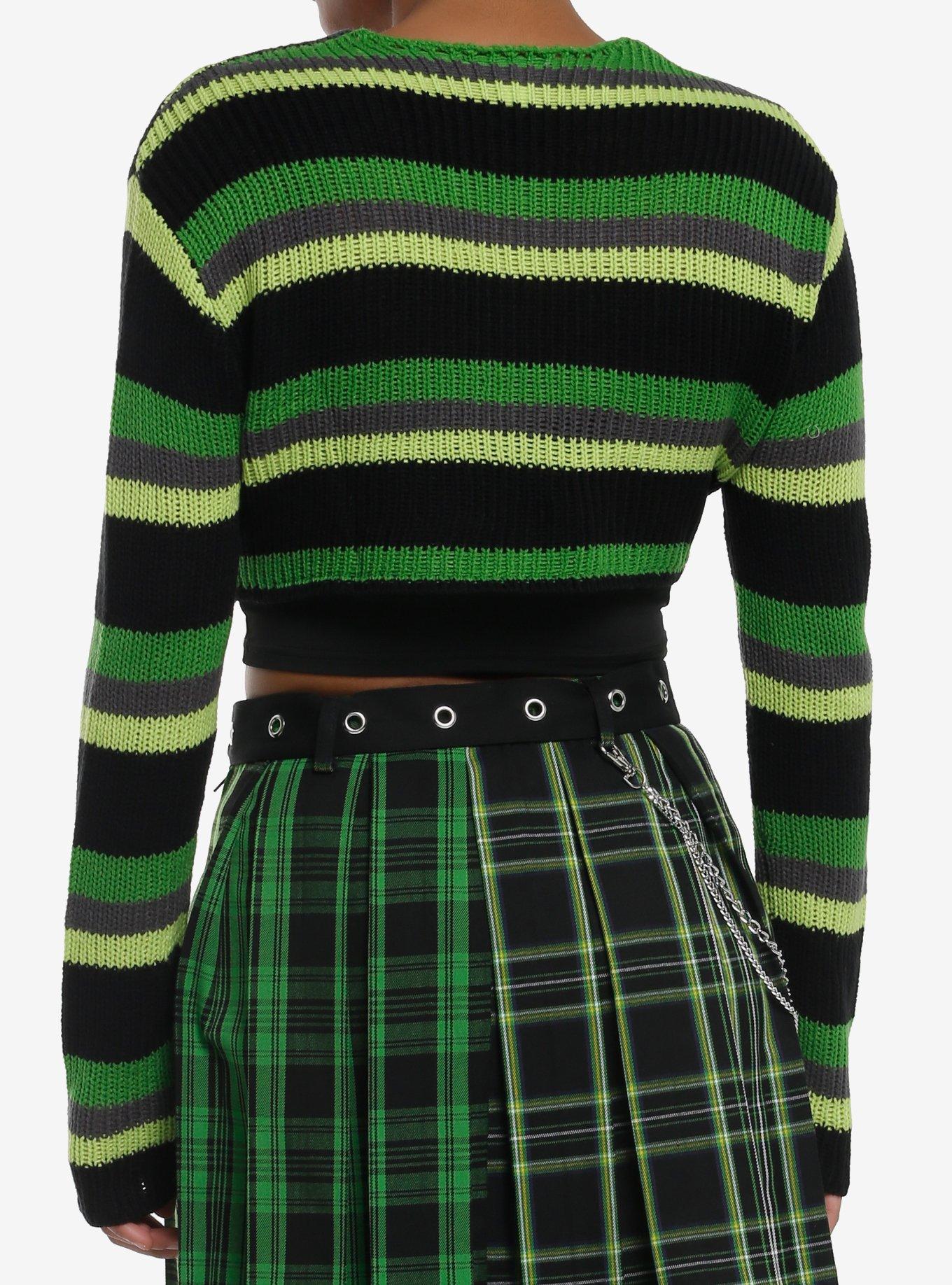 Social Collision Green Stripe Safety Pin Bolero Girls Crop Shrug, BLACK, alternate