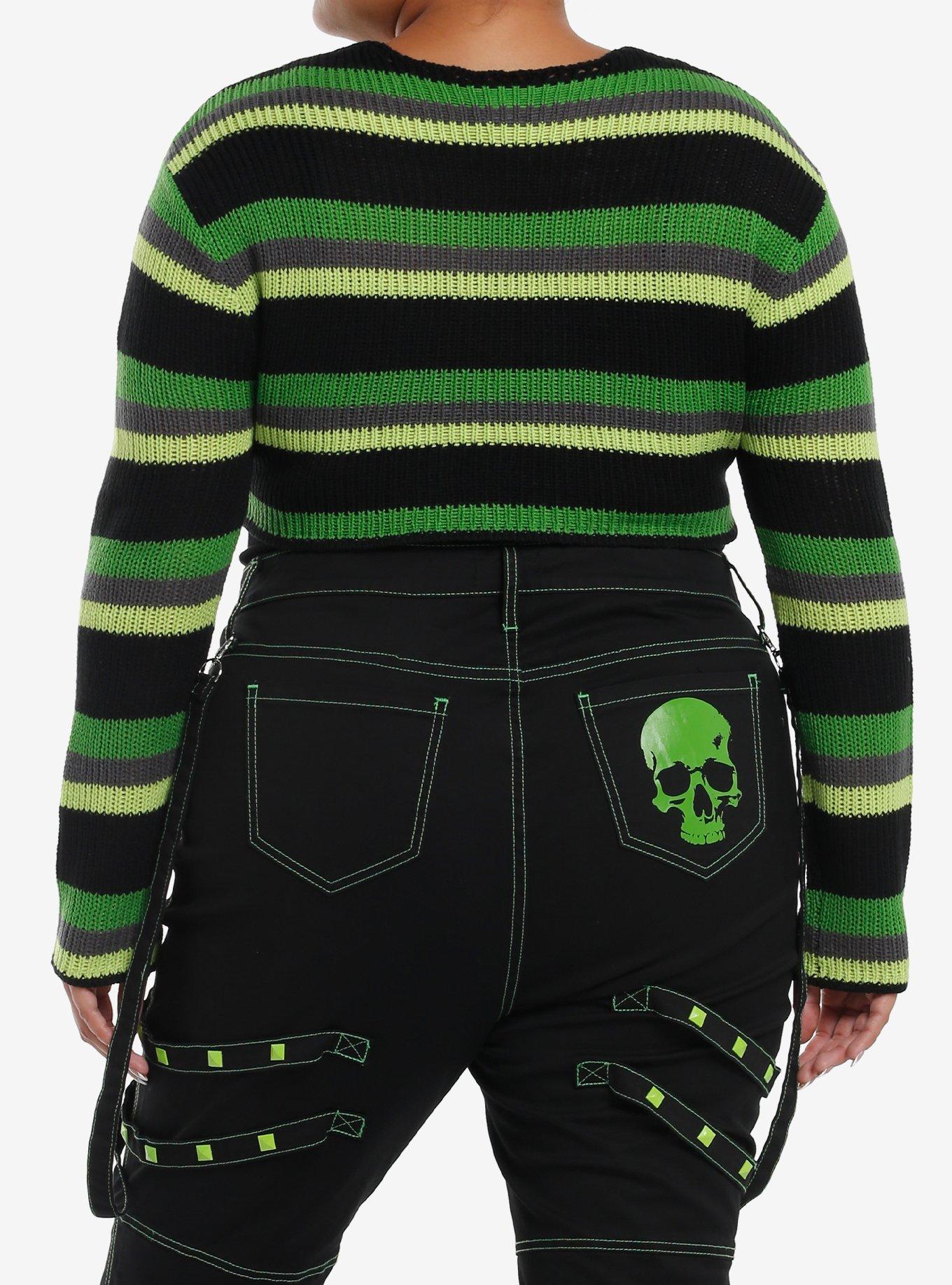 Social Collision Green Stripe Safety Pin Bolero Girls Crop Shrug Plus Size, BLACK, alternate