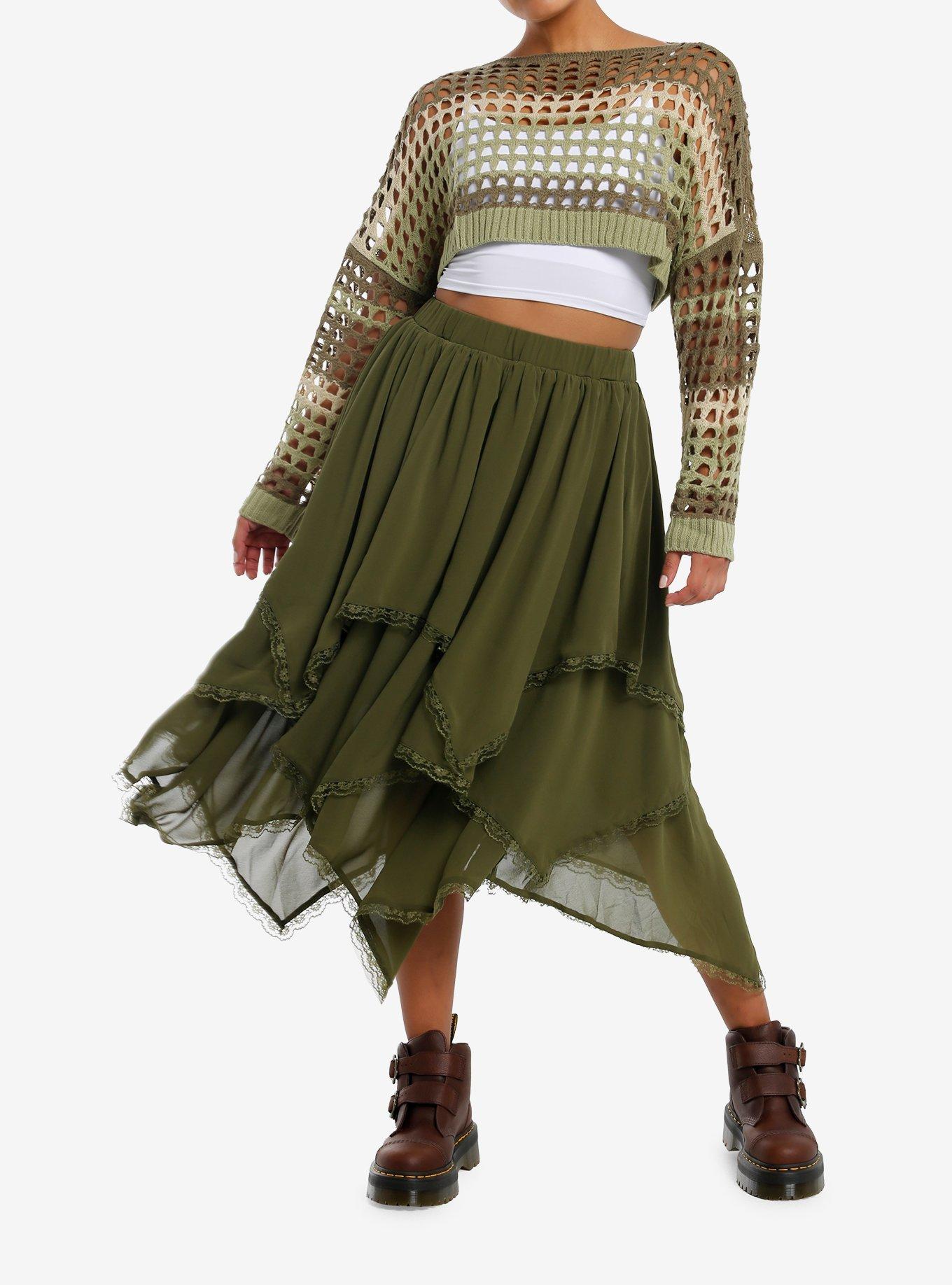 Thorn & Fable Green & Cream Stripe Open Knit Bolero Girls Crop Shrug, , hi-res