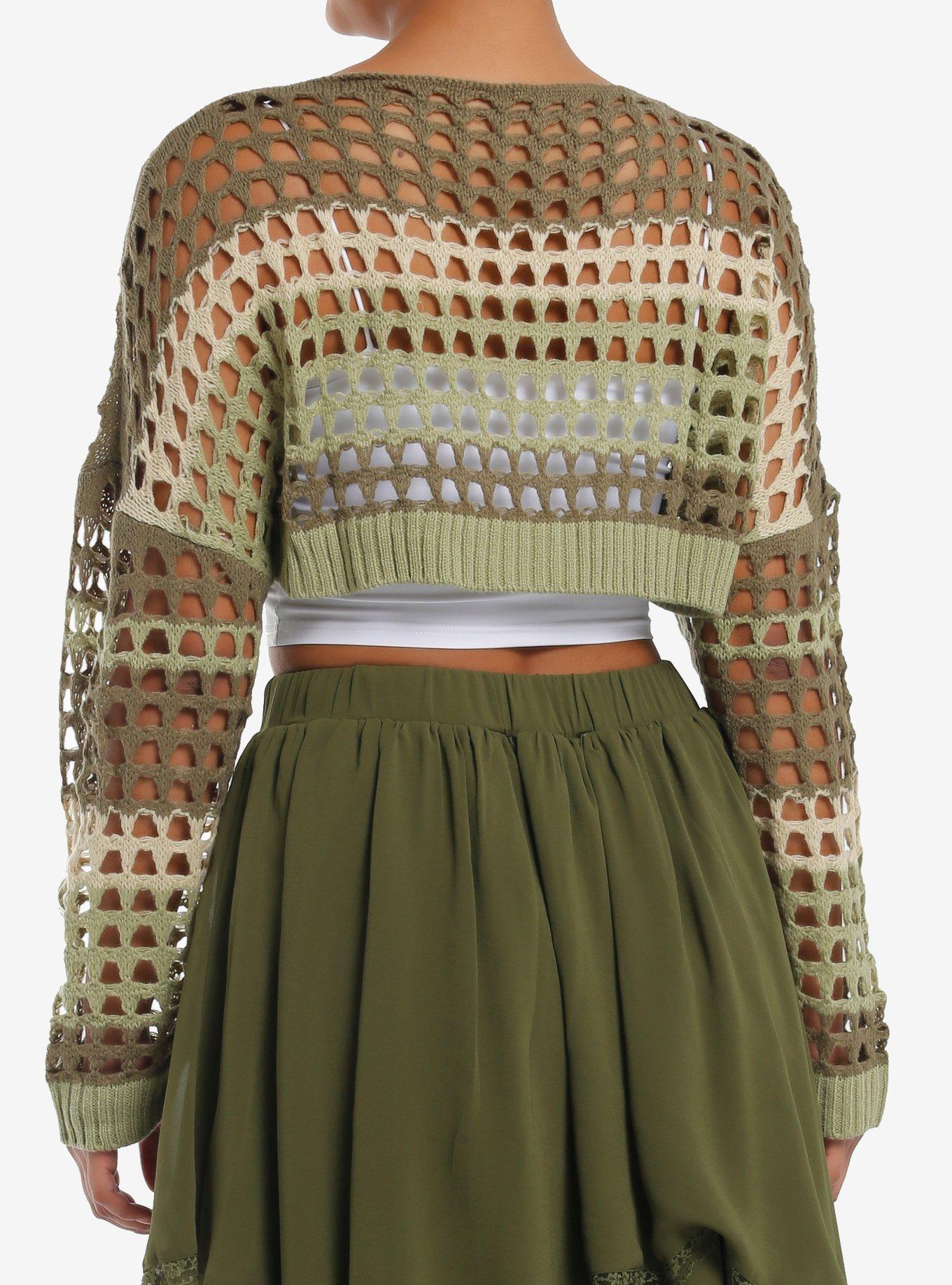 Thorn & Fable Green & Cream Stripe Open Knit Bolero Girls Crop Shrug, CREAM, alternate