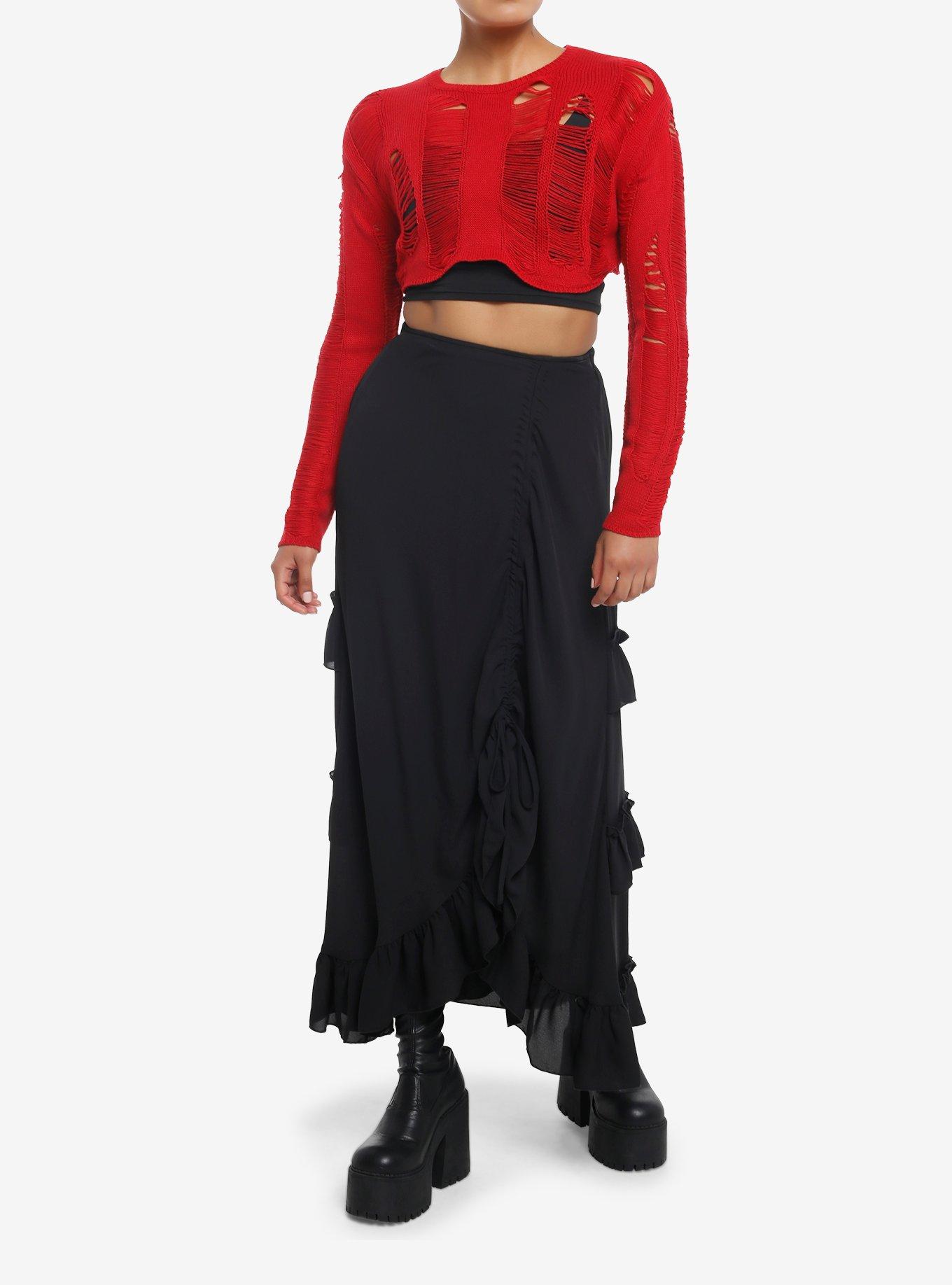Social Collision Red Distressed Bolero Girls Crop Shrug, , hi-res