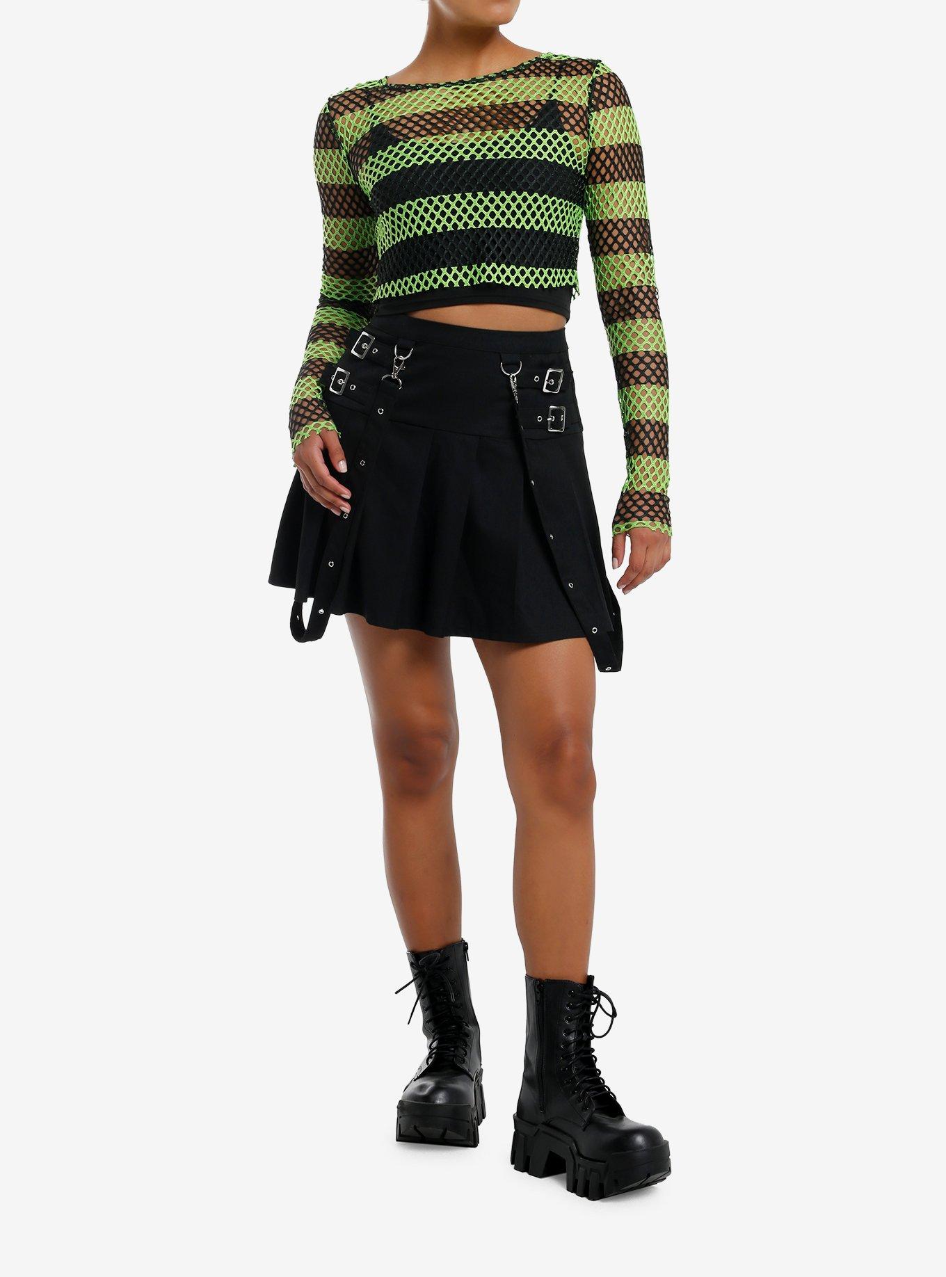 Social Collision Black & Green Fishnet Girls Crop Long-Sleeve Top, , hi-res