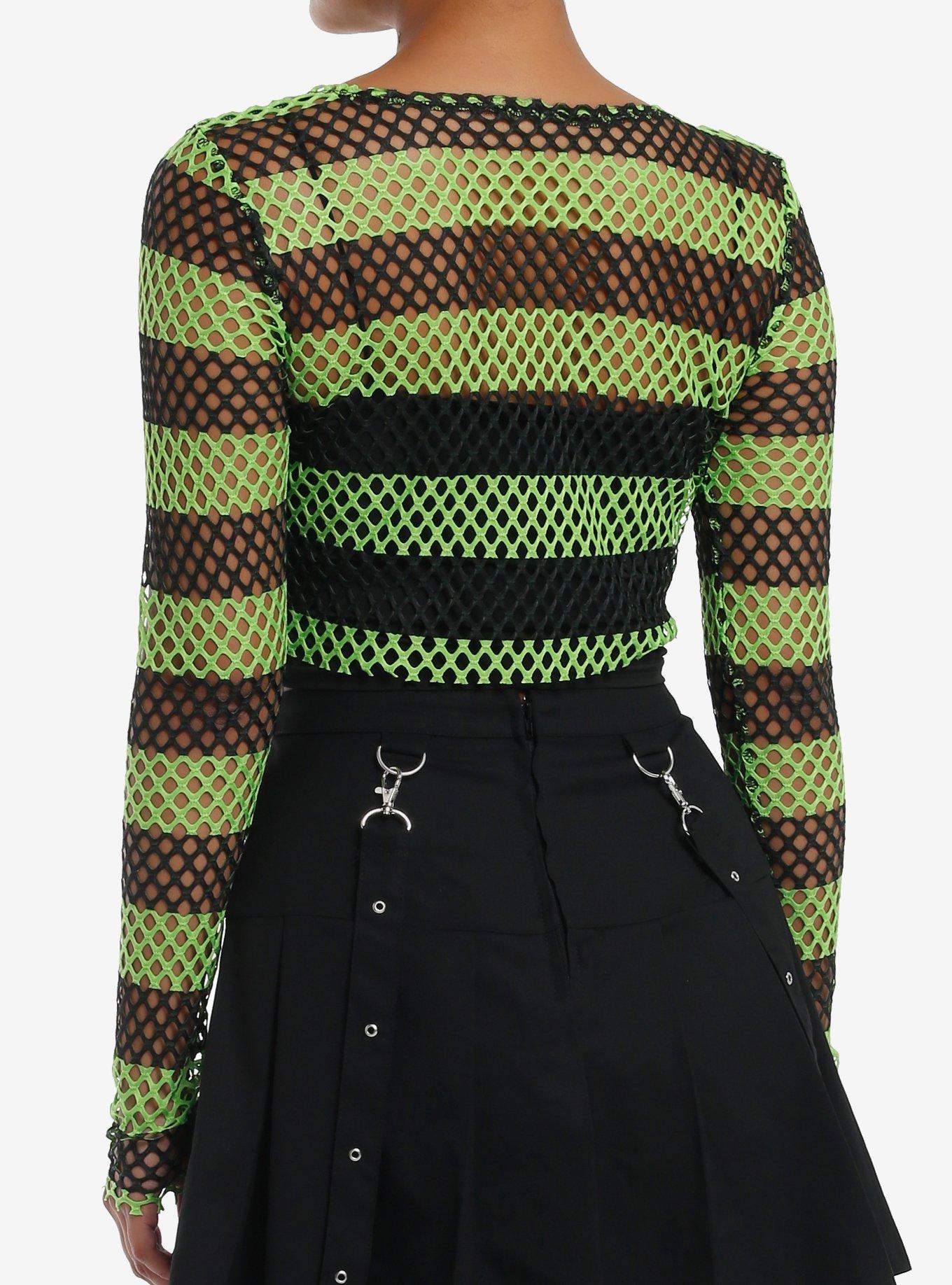 Social Collision Black & Green Fishnet Girls Crop Long-Sleeve Top, BLACK, alternate