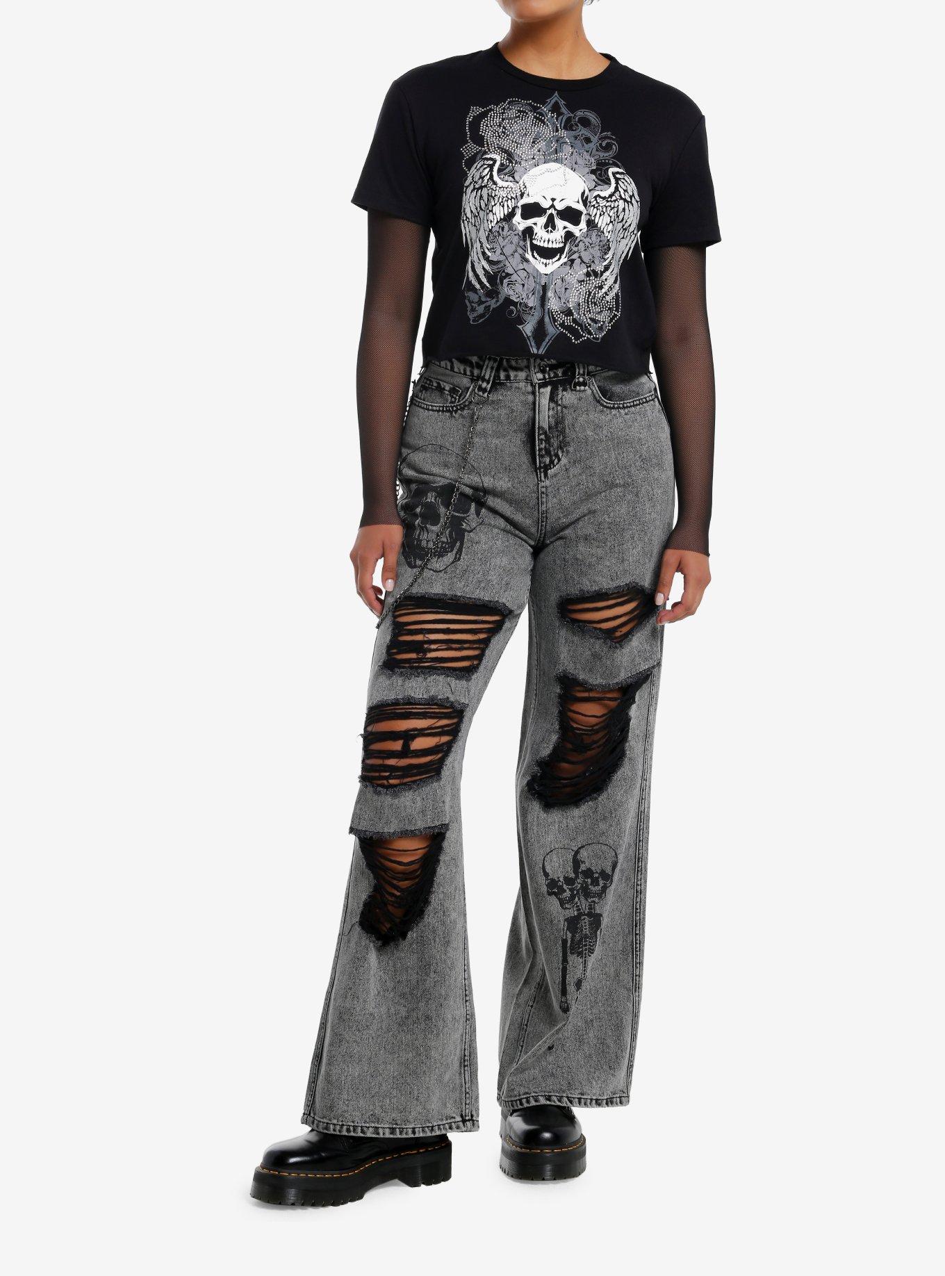 Social Collision Winged Skull & Rose Rhinestone Mesh Girls Twofer Long-Sleeve Top, , hi-res