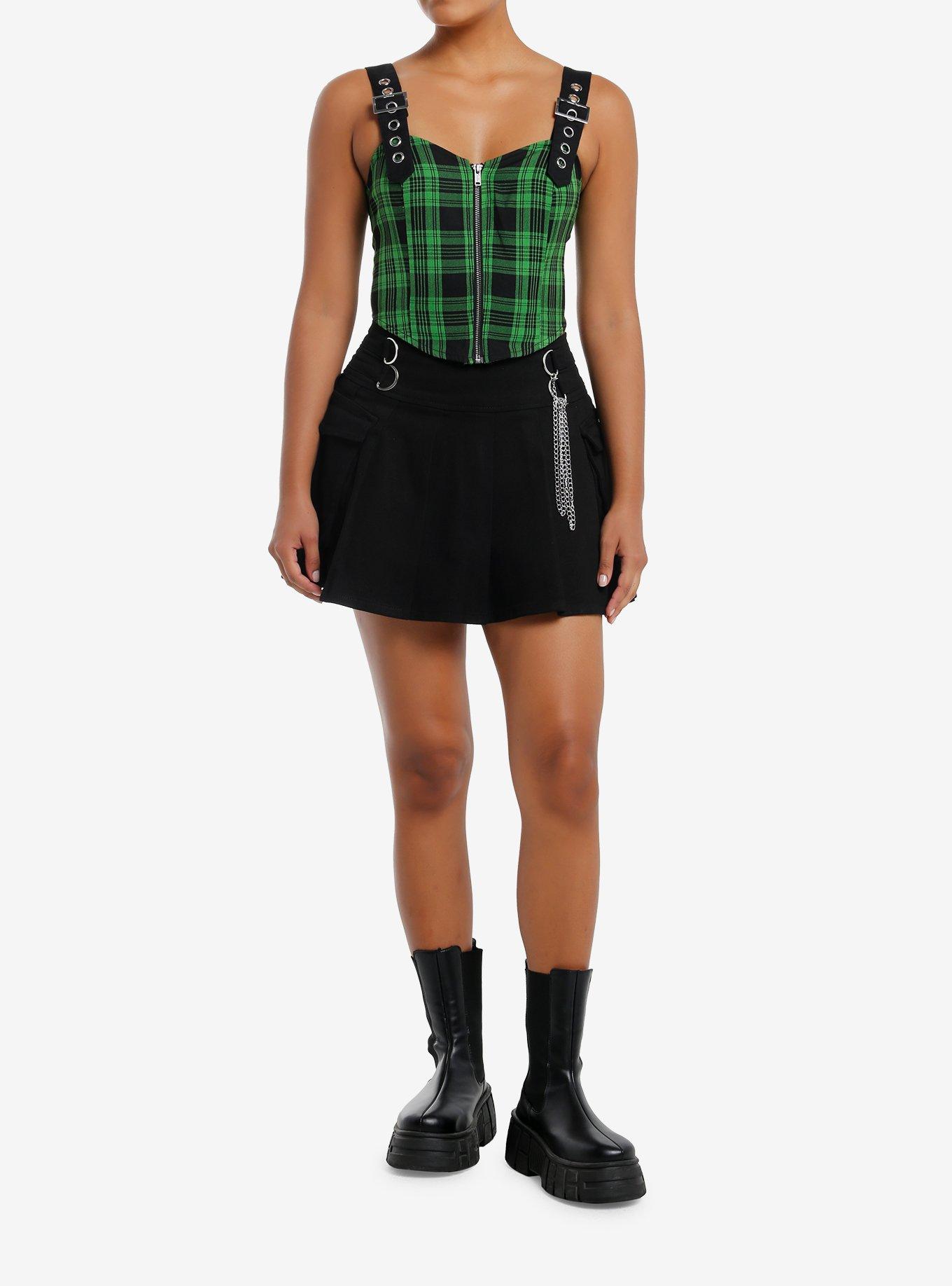 Social Collision Green & Black Plaid Grommet Zip-Front Girls Corset, , hi-res