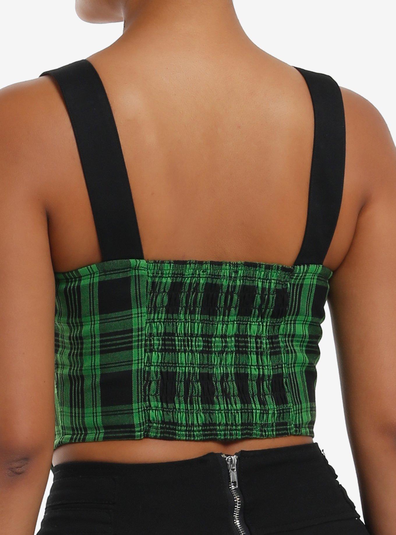 Social Collision Green & Black Plaid Grommet Zip-Front Girls Corset, BLACK, alternate