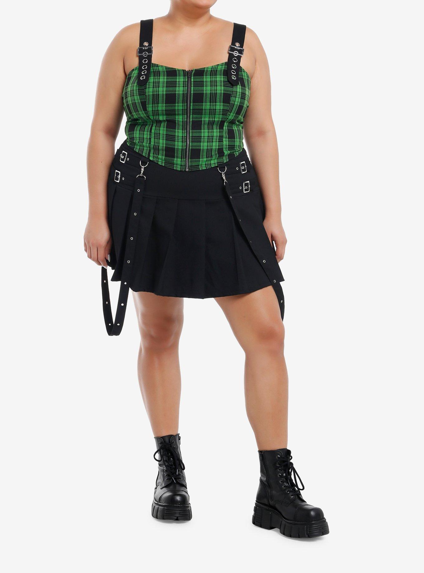 Social Collision Green & Black Plaid Grommet Zip-Front Girls Corset Plus Size, , hi-res
