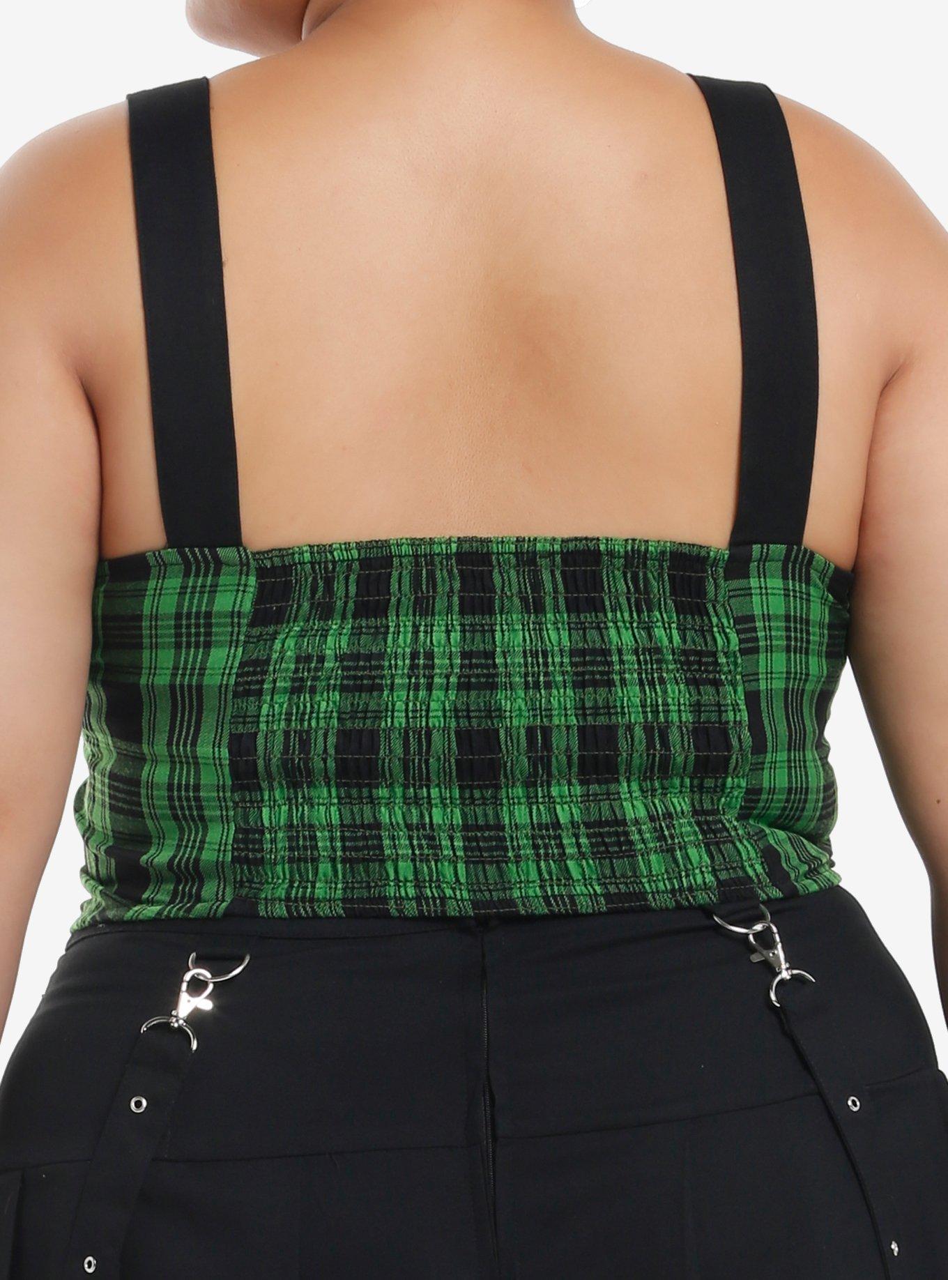 Social Collision Green & Black Plaid Grommet Zip-Front Girls Corset Plus Size, BLACK, alternate