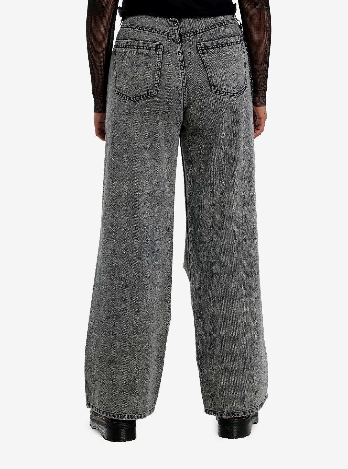 Black Faded Wash Skull Side Chain Wide Leg Jeans, , hi-res