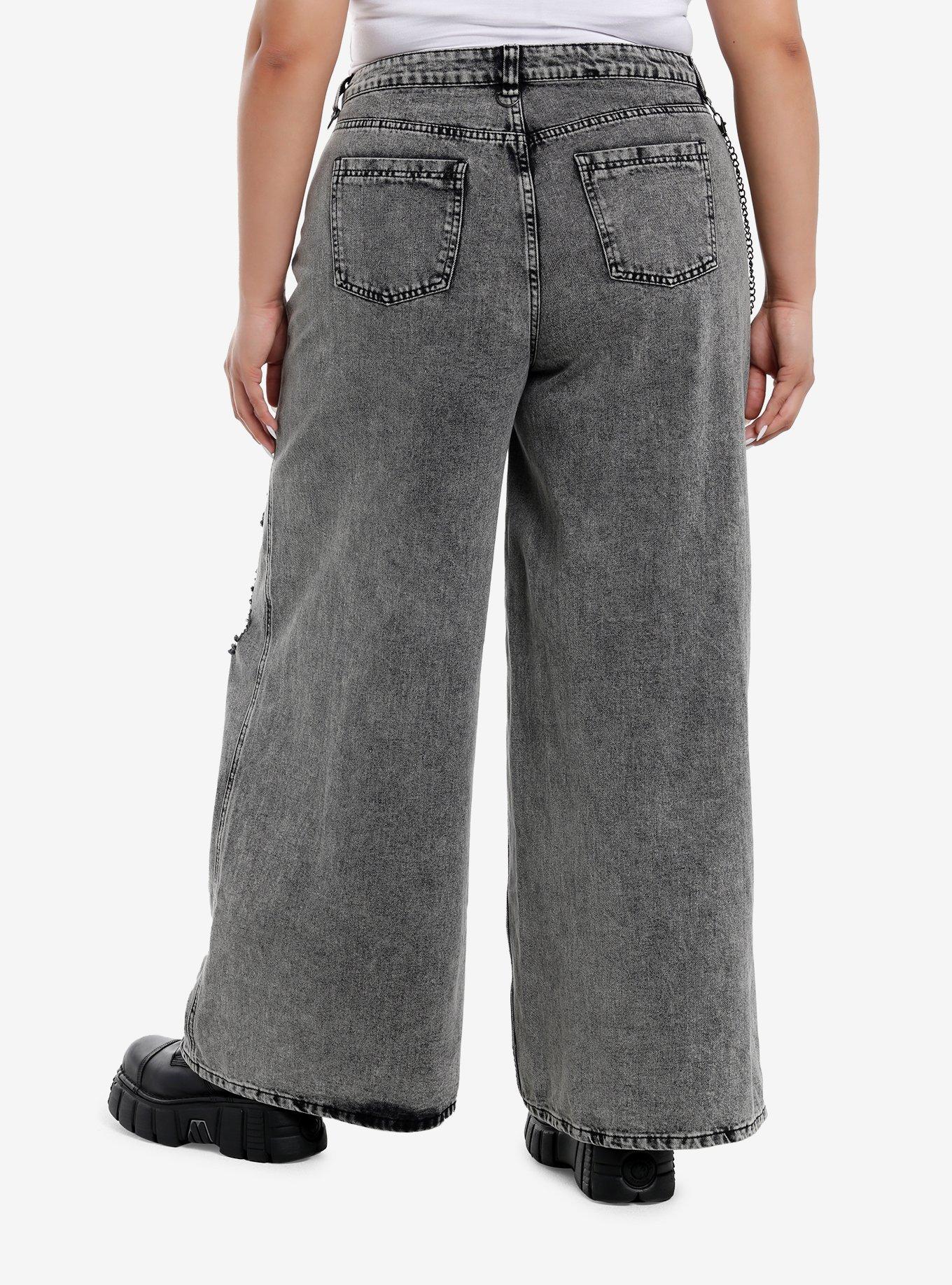 Black Faded Wash Skull Side Chain Wide Leg Jeans Plus Size, , hi-res