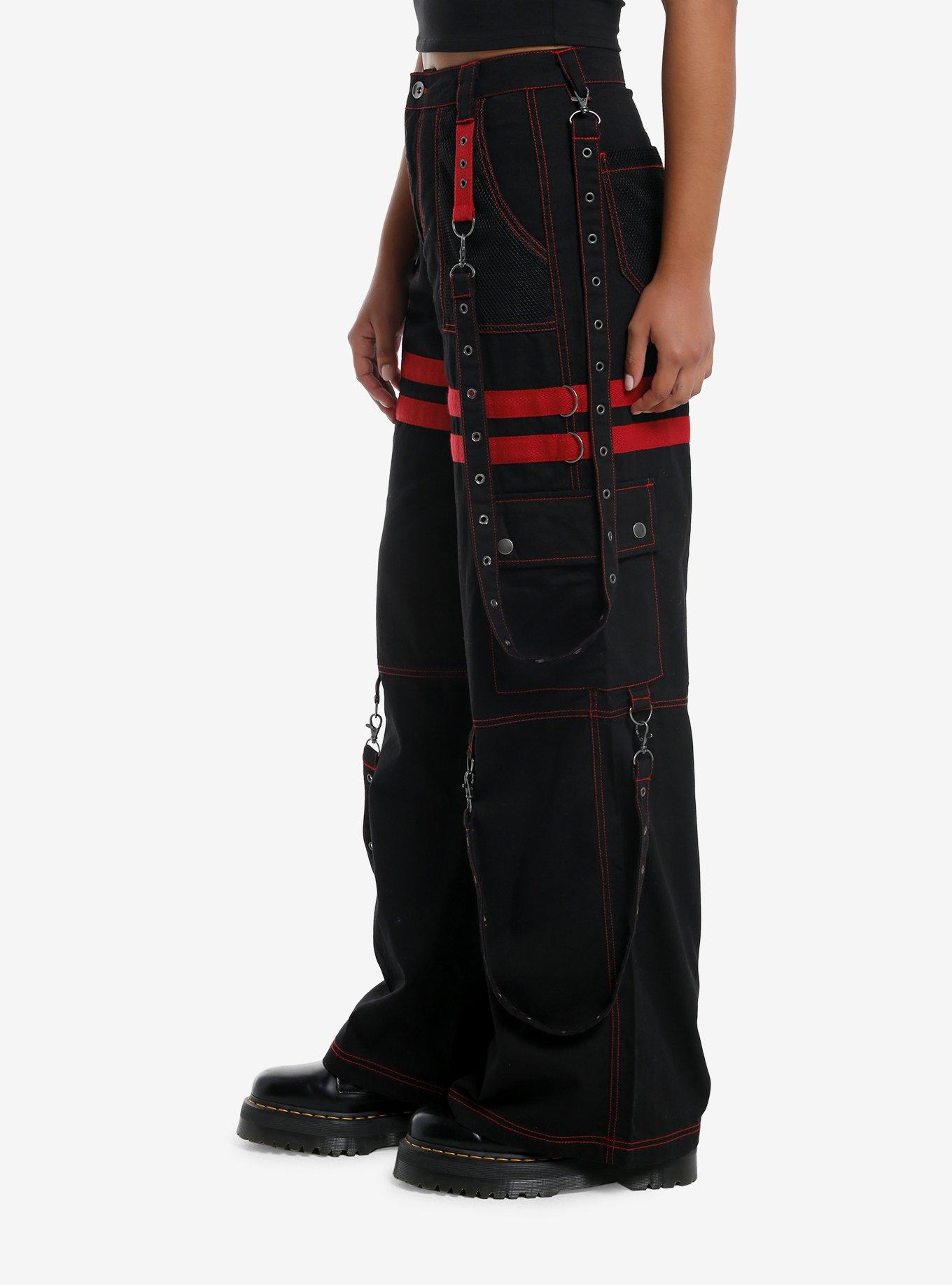 Black & Red Grommet Suspender Wide Leg Pants, RED, alternate