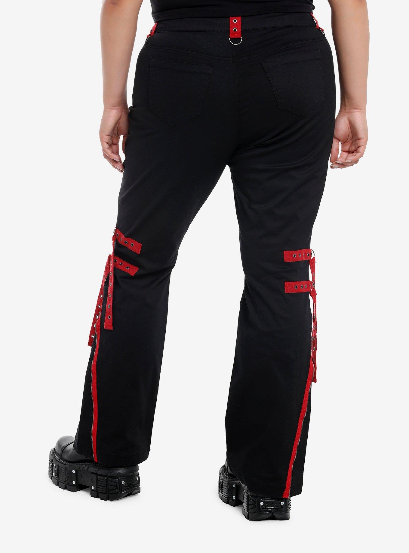 Black & Red Grommet Tape Zipper Pants Plus Size, , hi-res