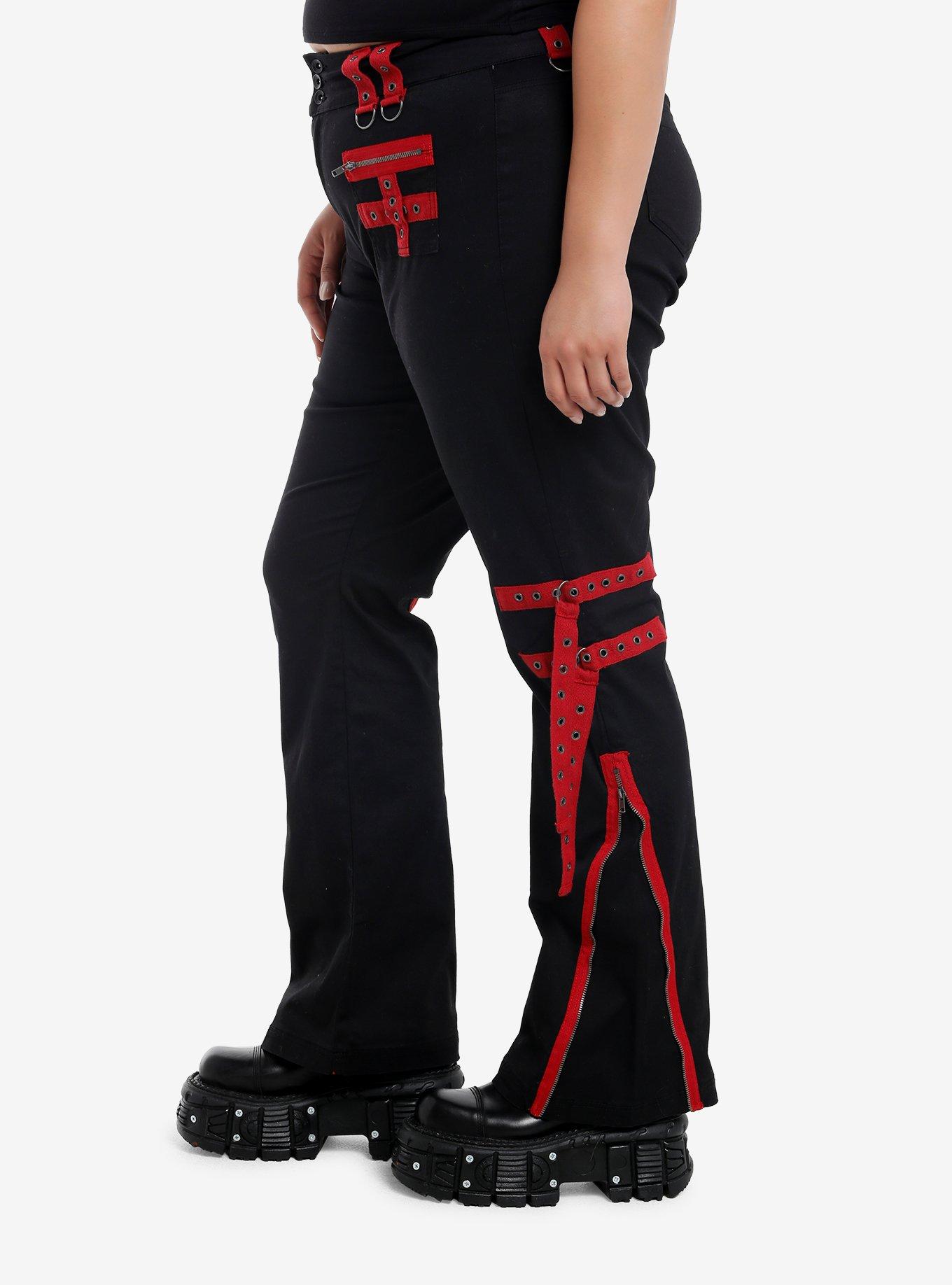 Black & Red Grommet Tape Zipper Pants Plus Size, RED, alternate
