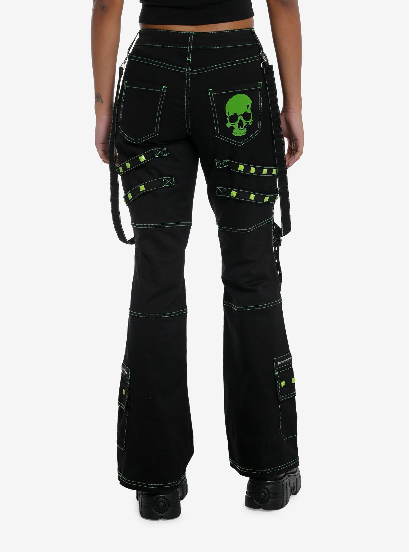 Black & Green Skull Stud Strap Flare Pants, , hi-res