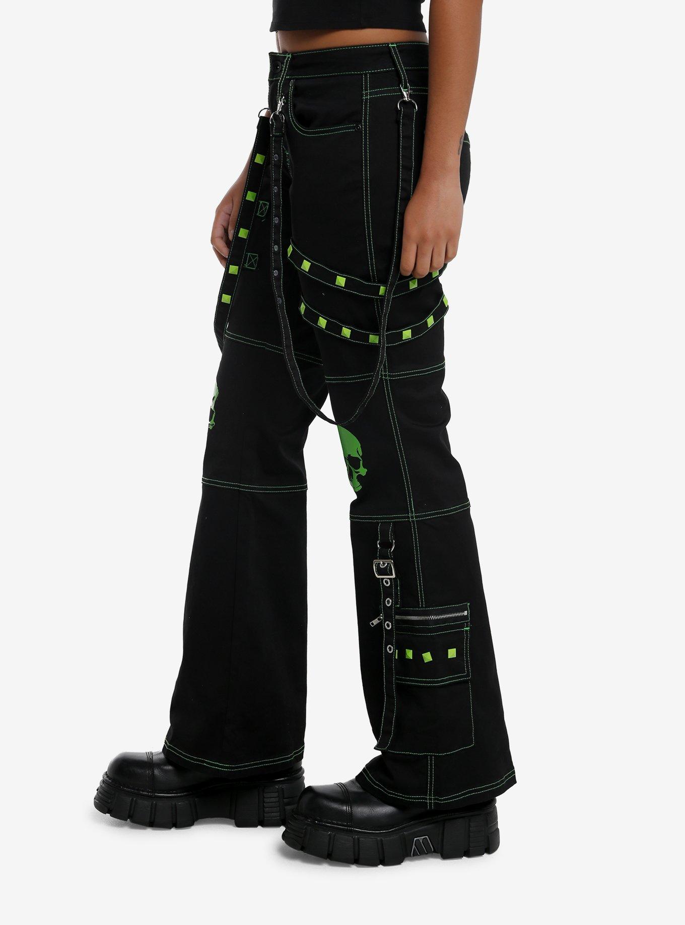 Black & Green Skull Stud Strap Flare Pants, NEON GREEN, alternate