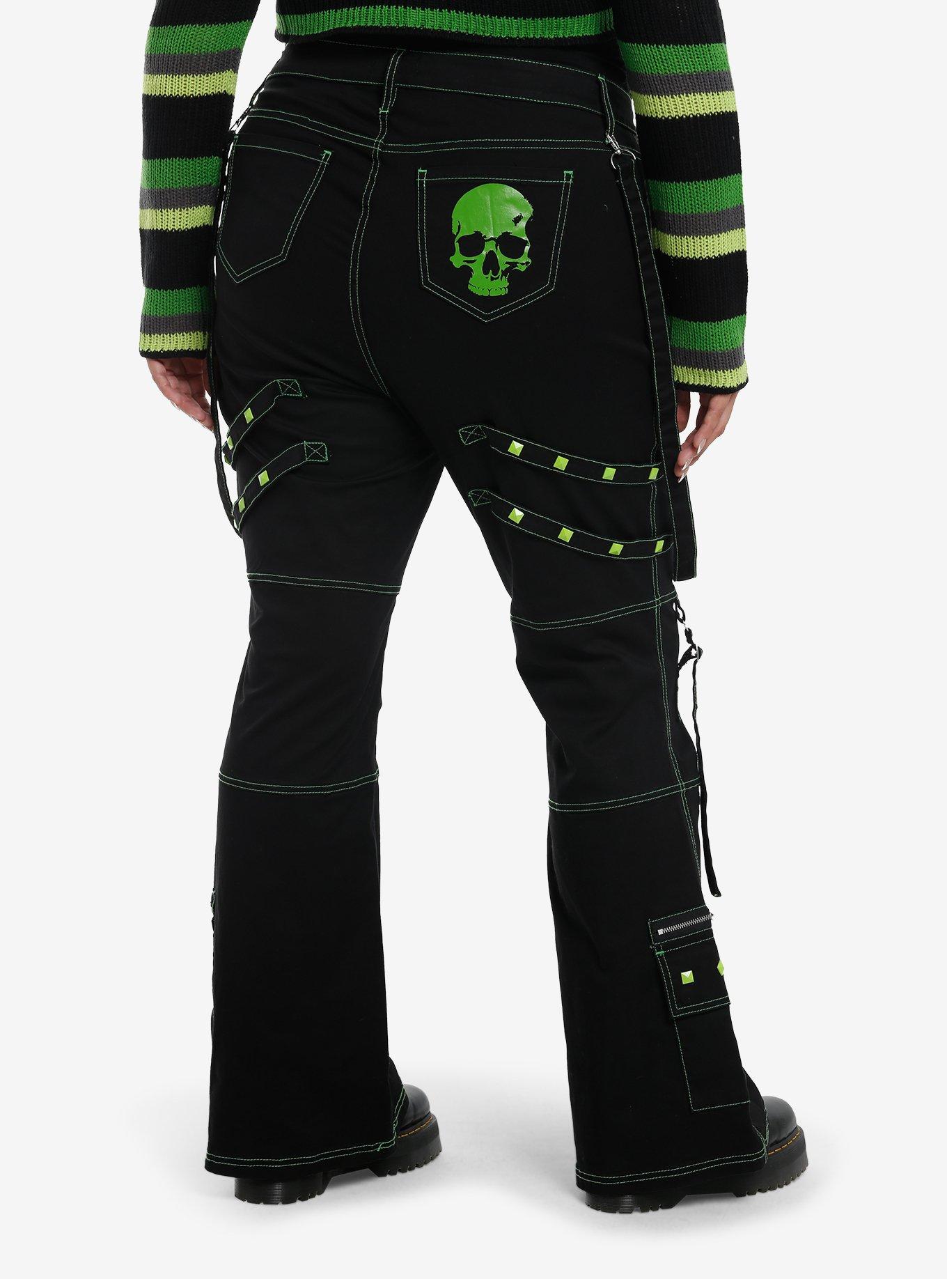 Black & Green Skull Stud Strap Flare Pants Plus Size, , hi-res