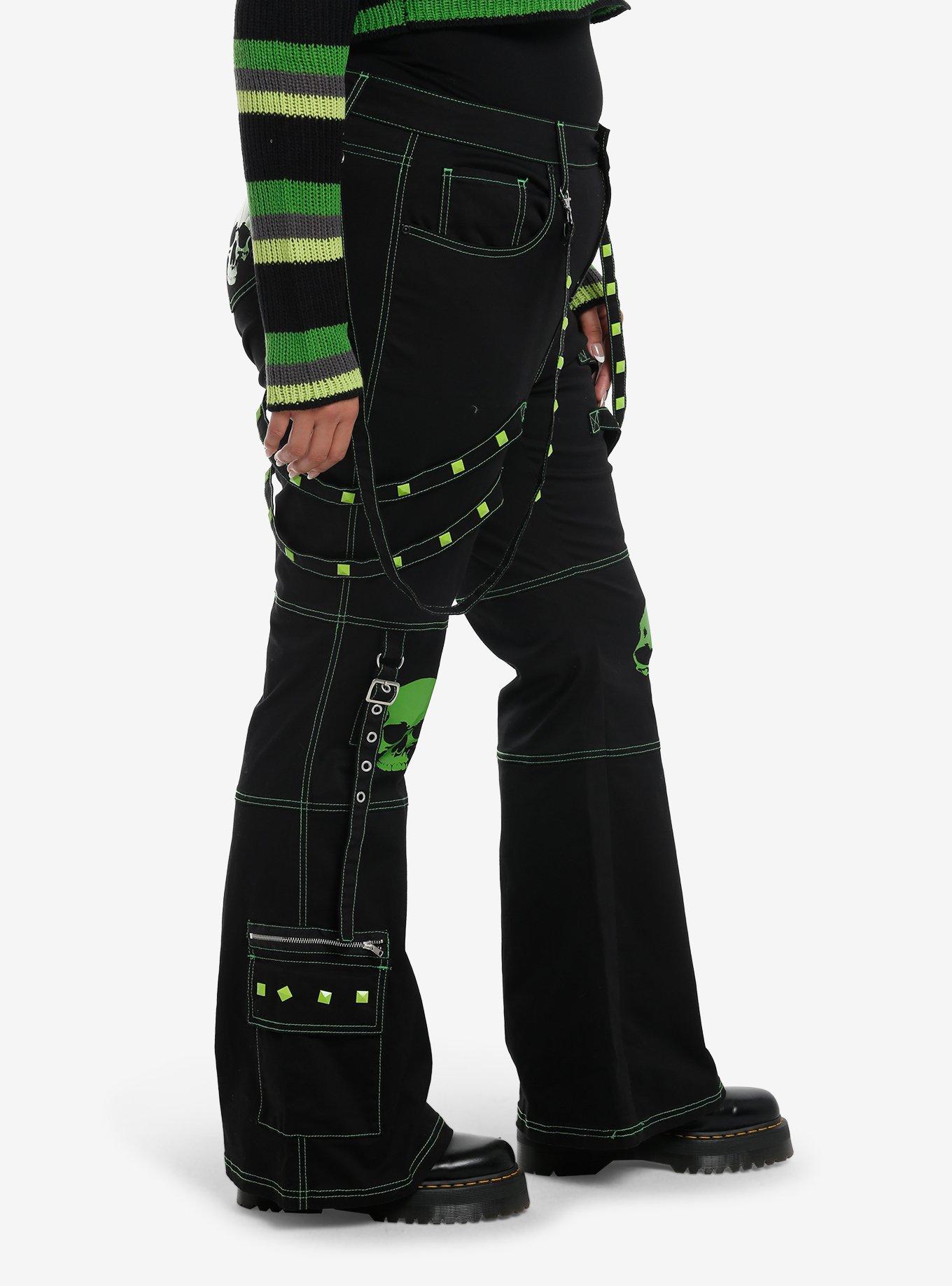 Black & Green Skull Stud Strap Flare Pants Plus Size, NEON GREEN, alternate