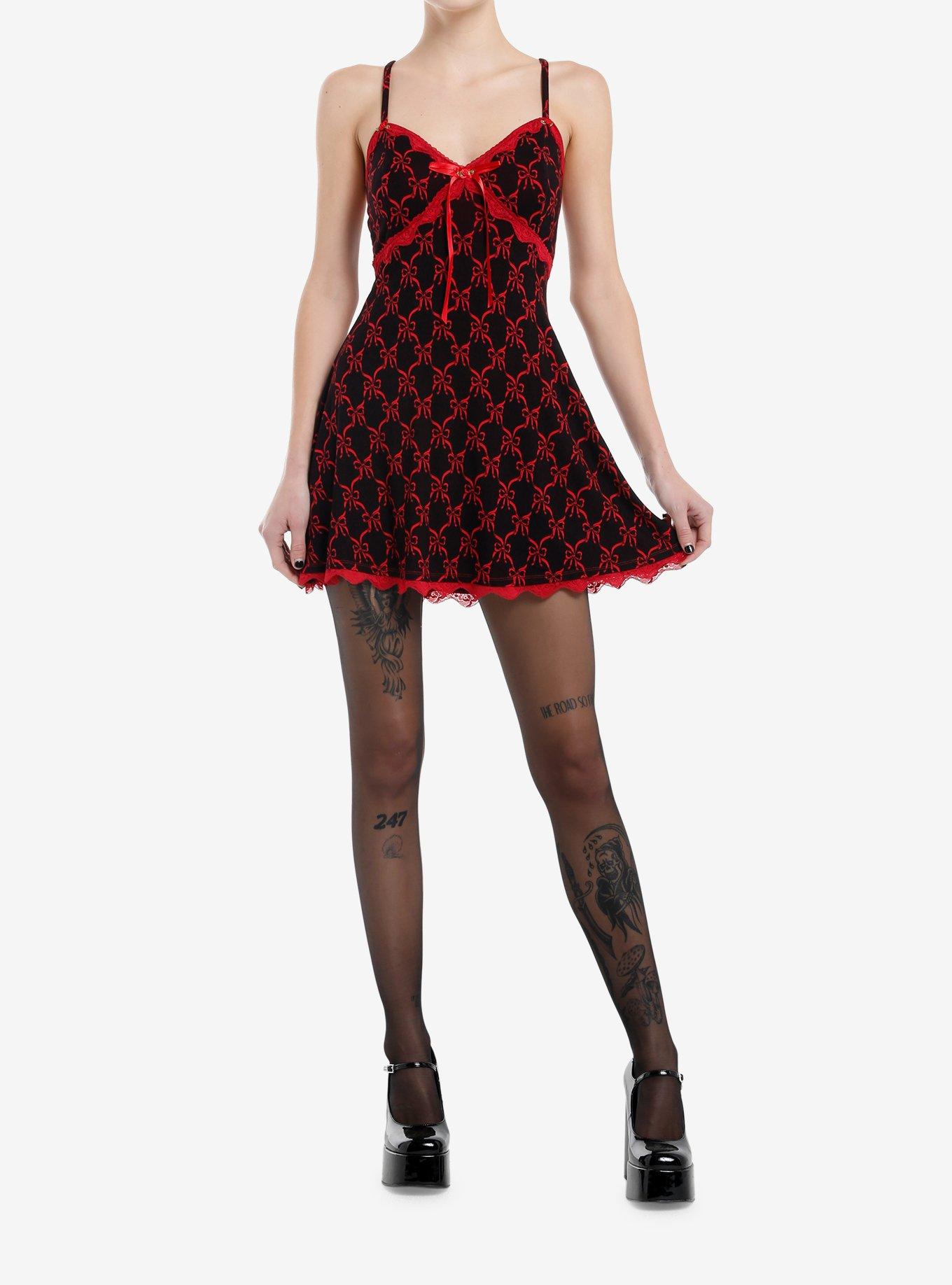 Social Collision Red Bow & Lace Black Cami Dress, , hi-res