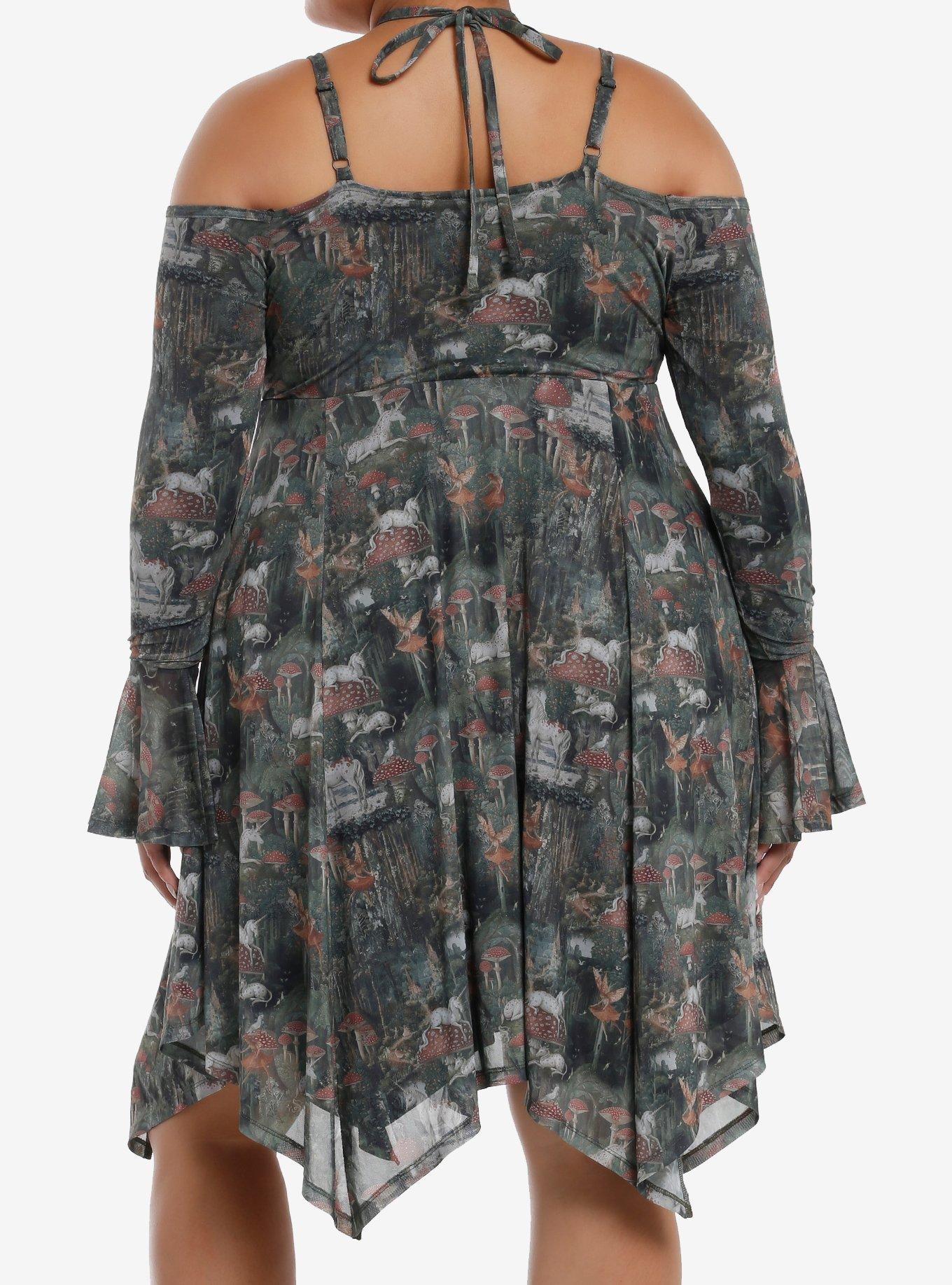 Thorn & Fable Fairy Tale Unicorns & Mushrooms Hanky Hem Halter Dress Plus Size, PINK, alternate