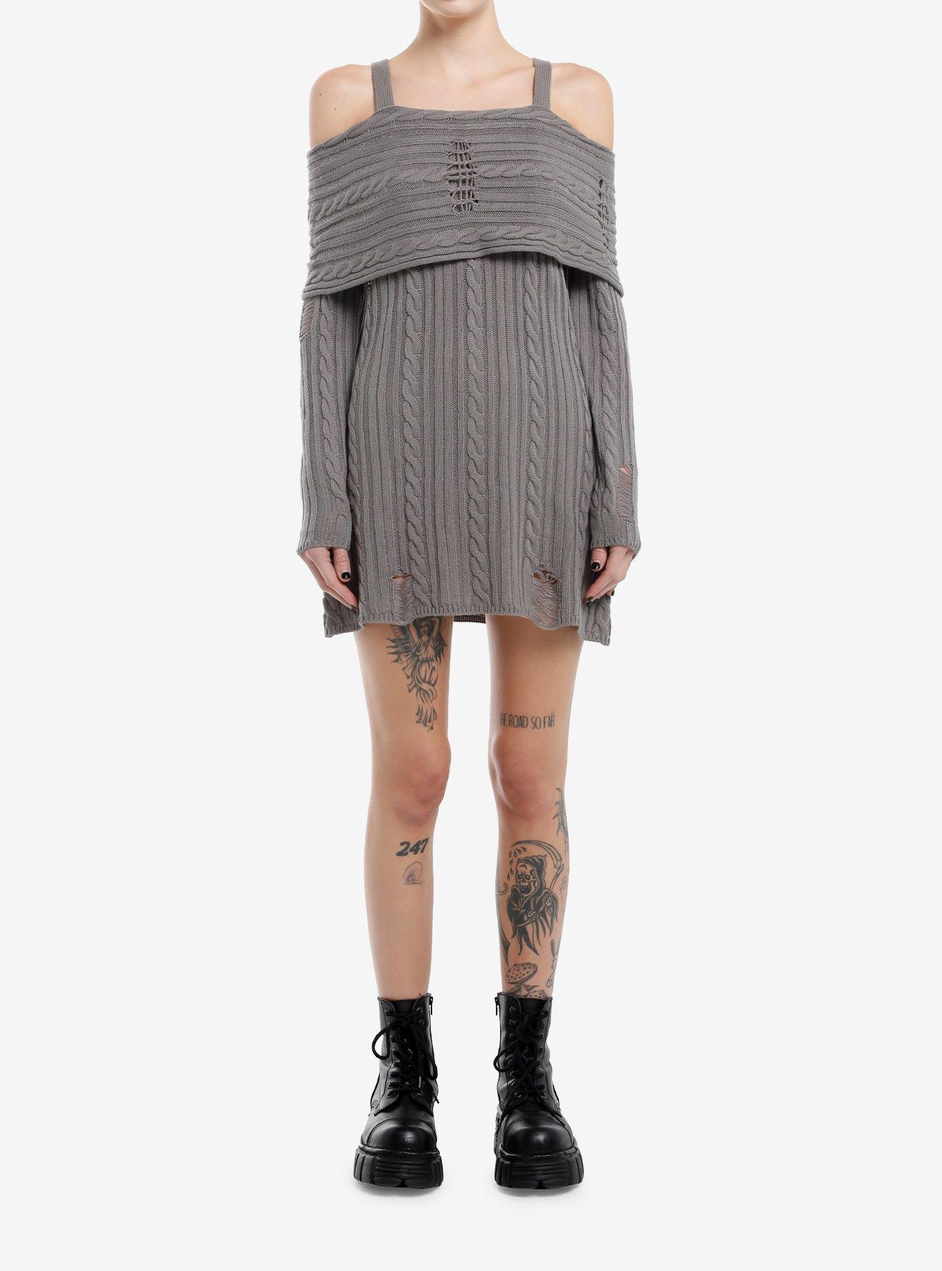 Social Collision Grey Cable Knit Destructed Cold Shoulder Sweater Dress, , hi-res