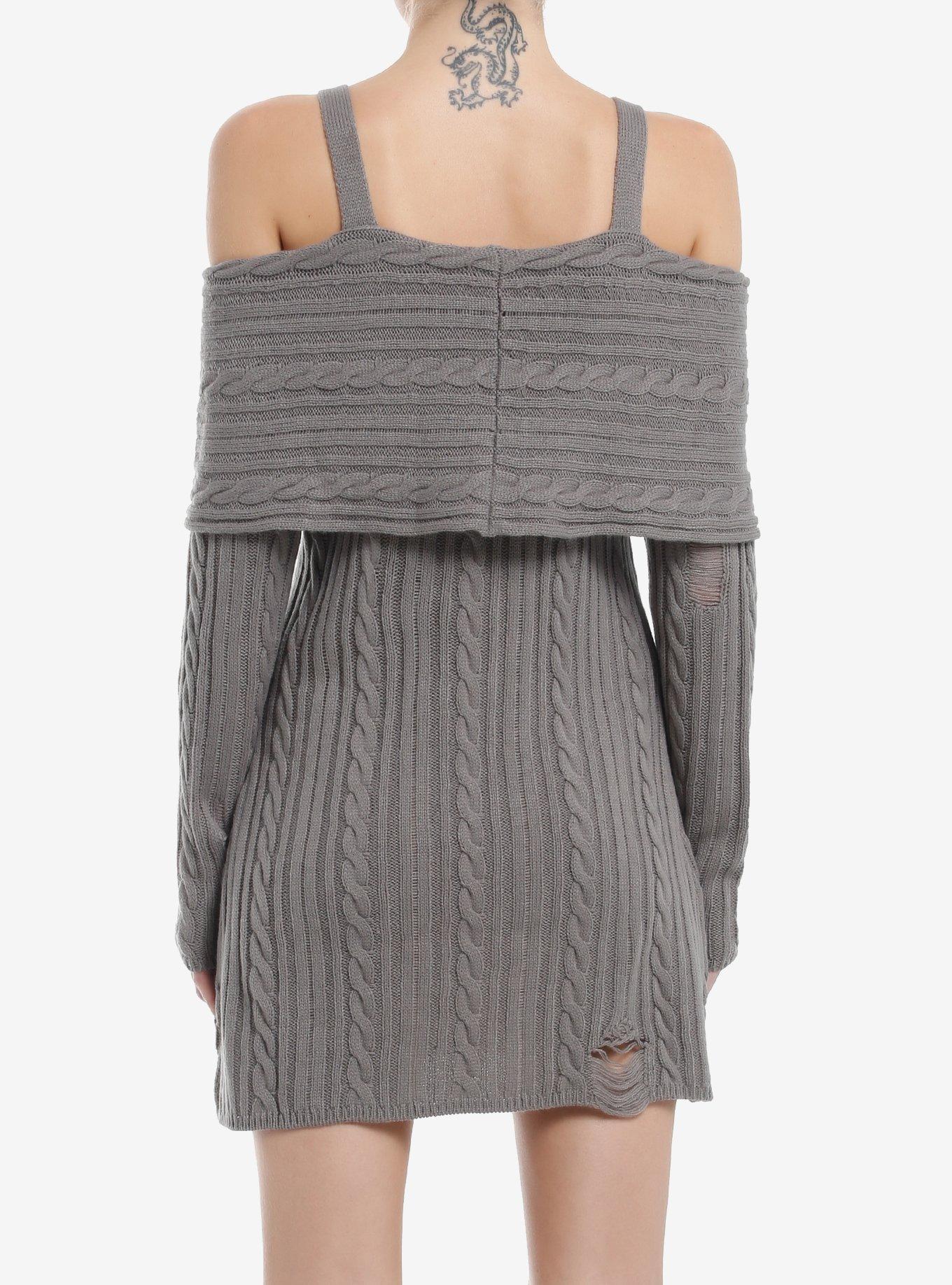Social Collision Grey Cable Knit Destructed Cold Shoulder Sweater Dress, GREY, alternate