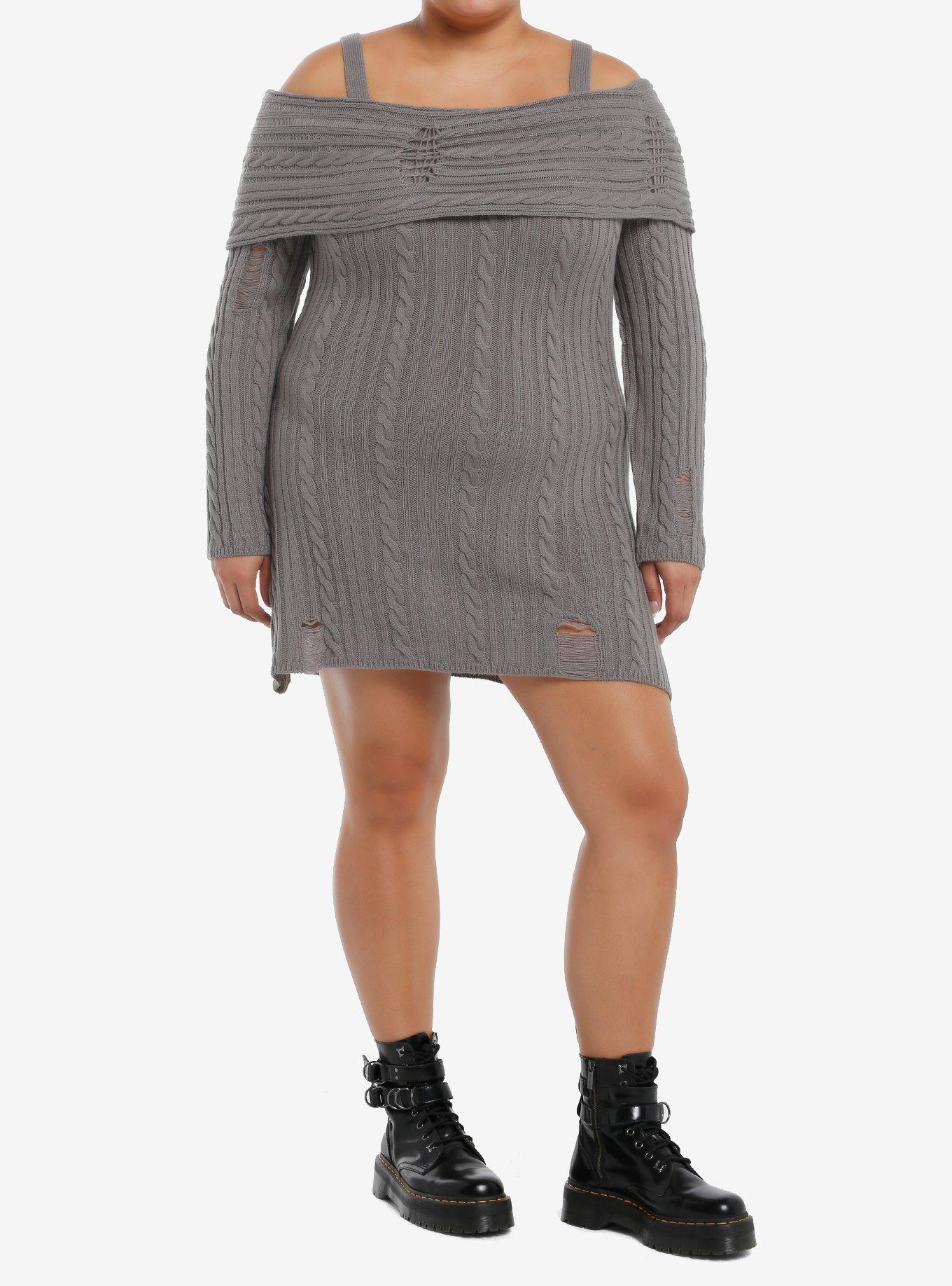 Social Collision Grey Cable Knit Destructed Cold Shoulder Sweater Dress Plus Size, , hi-res