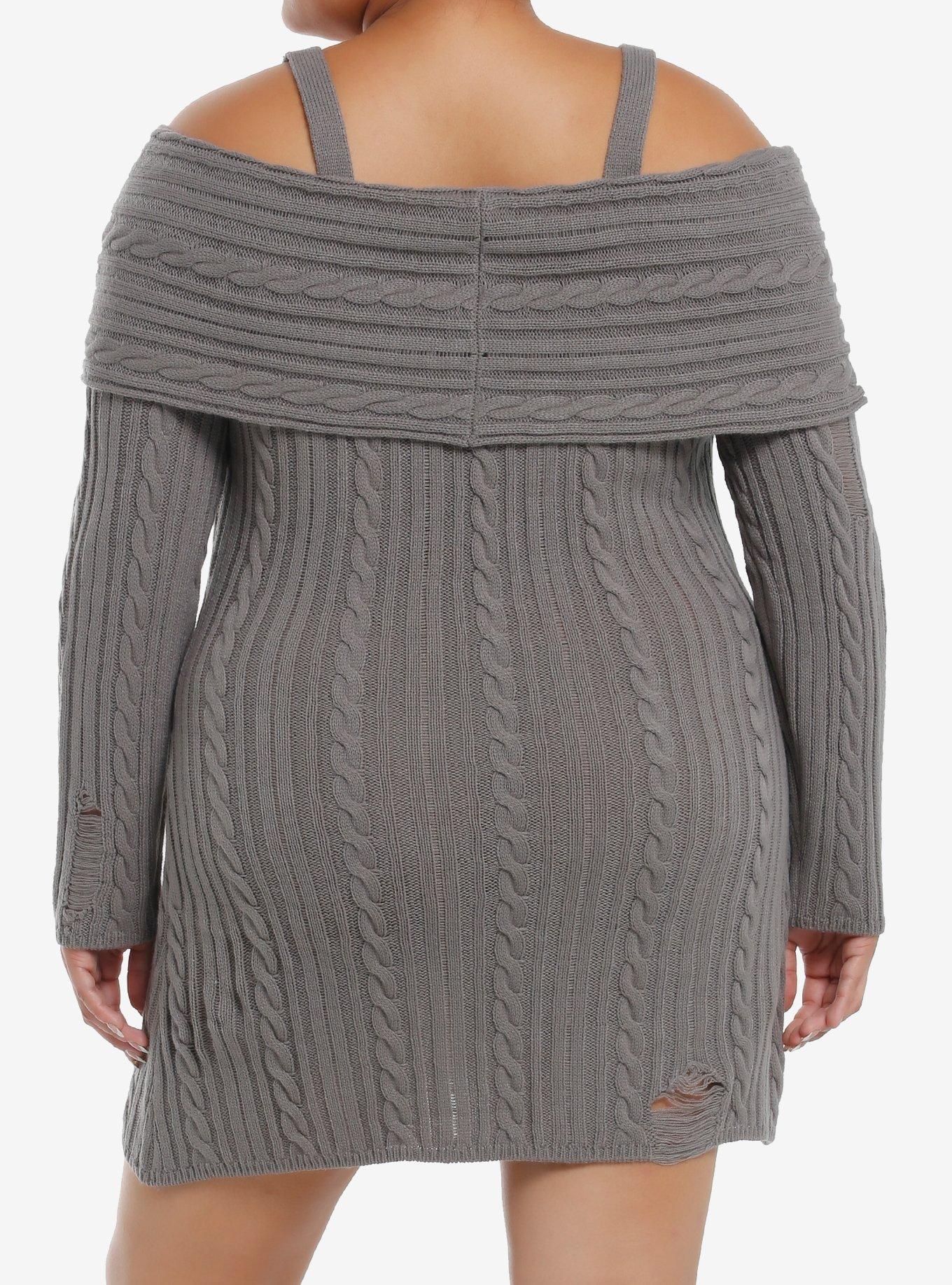 Social Collision Grey Cable Knit Destructed Cold Shoulder Sweater Dress Plus Size, GREY, alternate