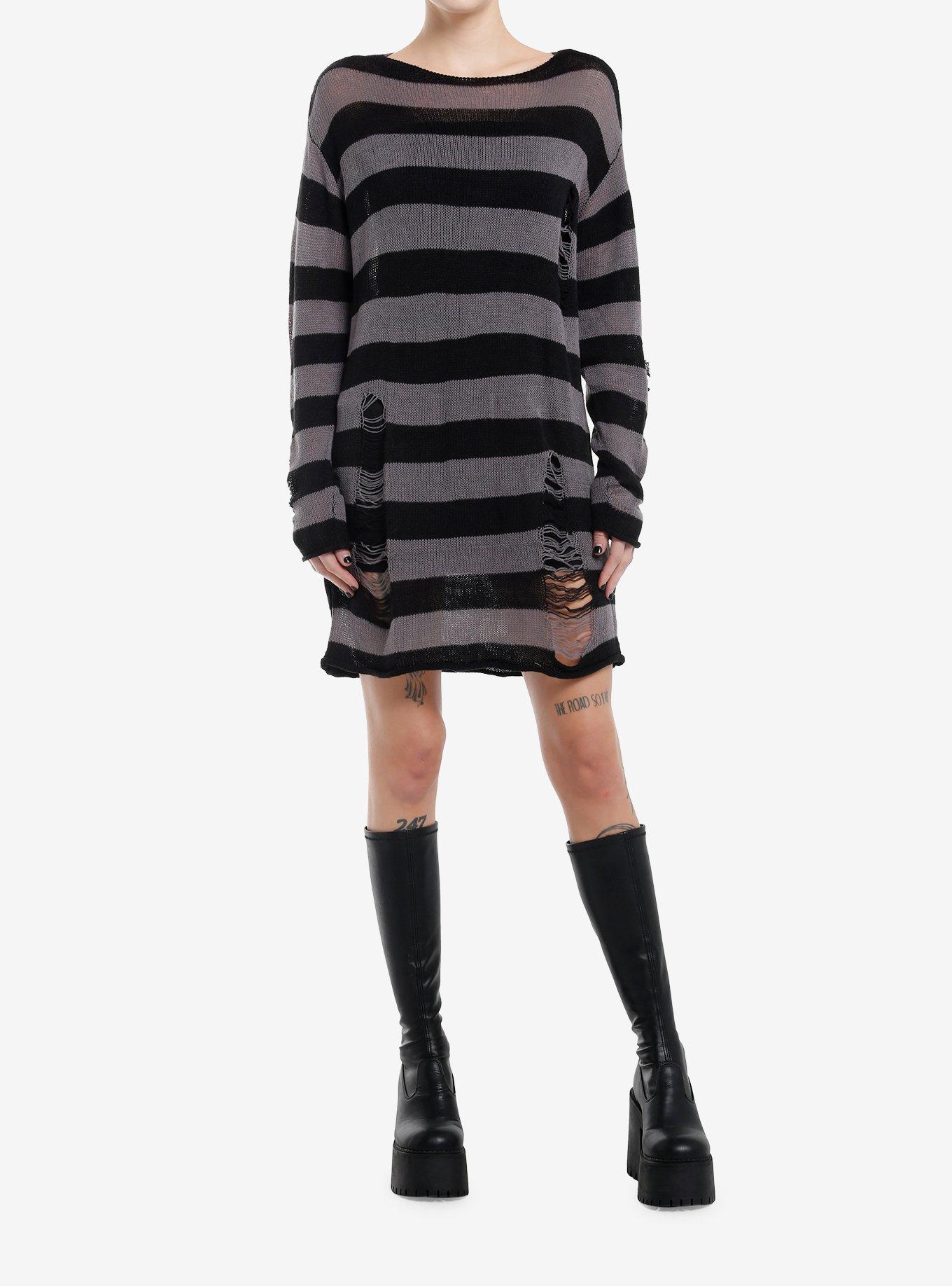 Social Collision Grey & Black Stripe Distressed Sweater Dress, BLACK, alternate