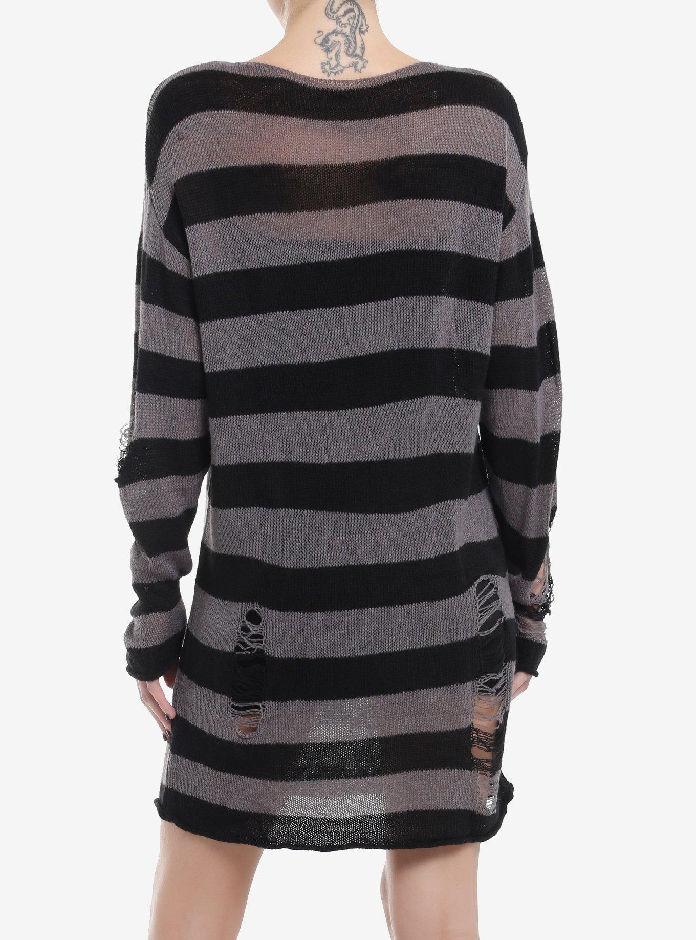 Social Collision Grey & Black Stripe Distressed Sweater Dress, BLACK, alternate