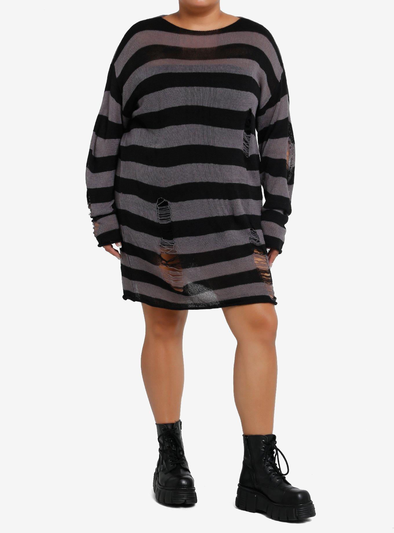 Social Collision Grey & Black Stripe Distressed Sweater Dress Plus Size, , hi-res