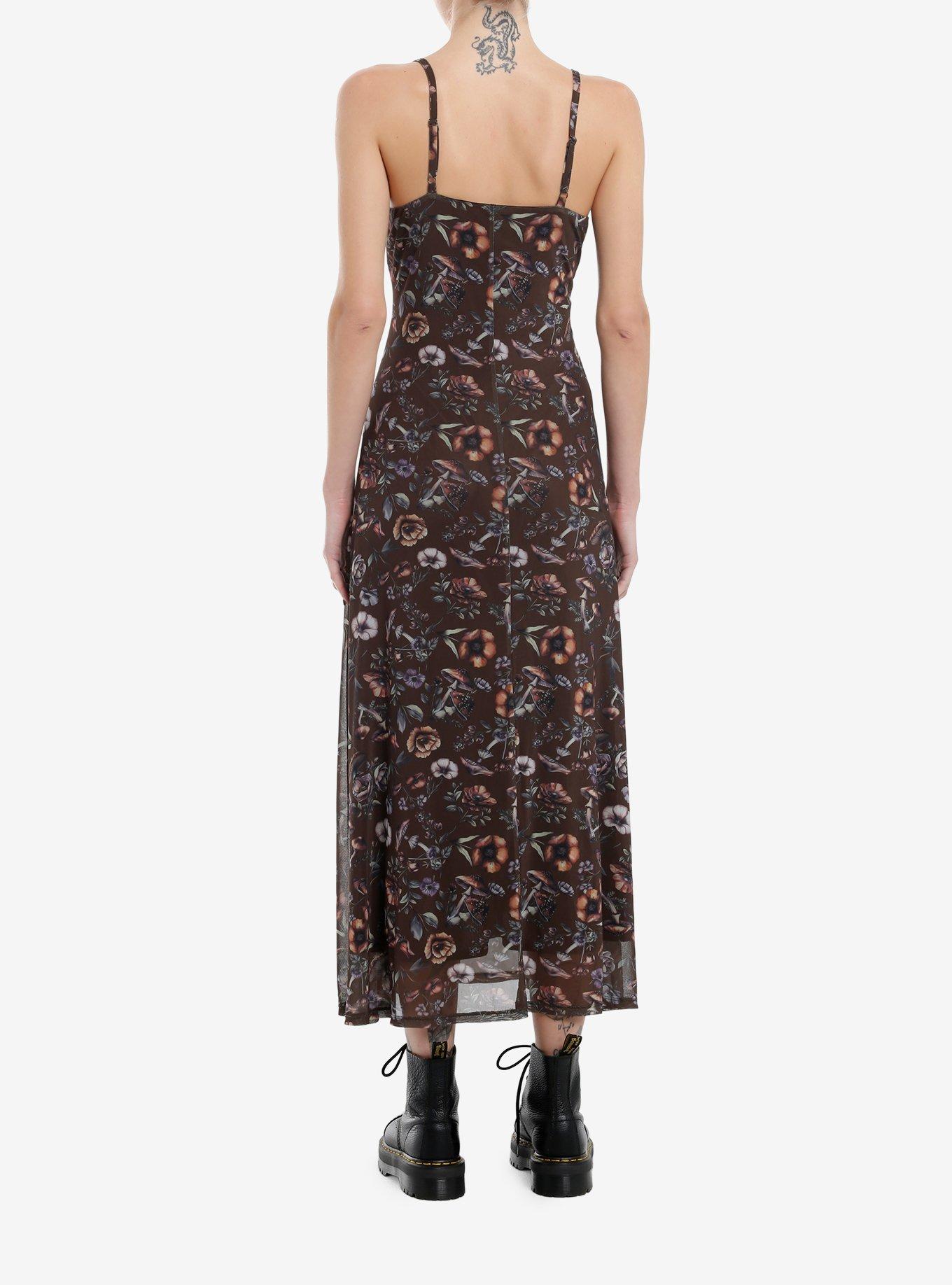 Thorn & Fable Brown Mushrooms & Flowers Maxi Dress, BROWN, alternate