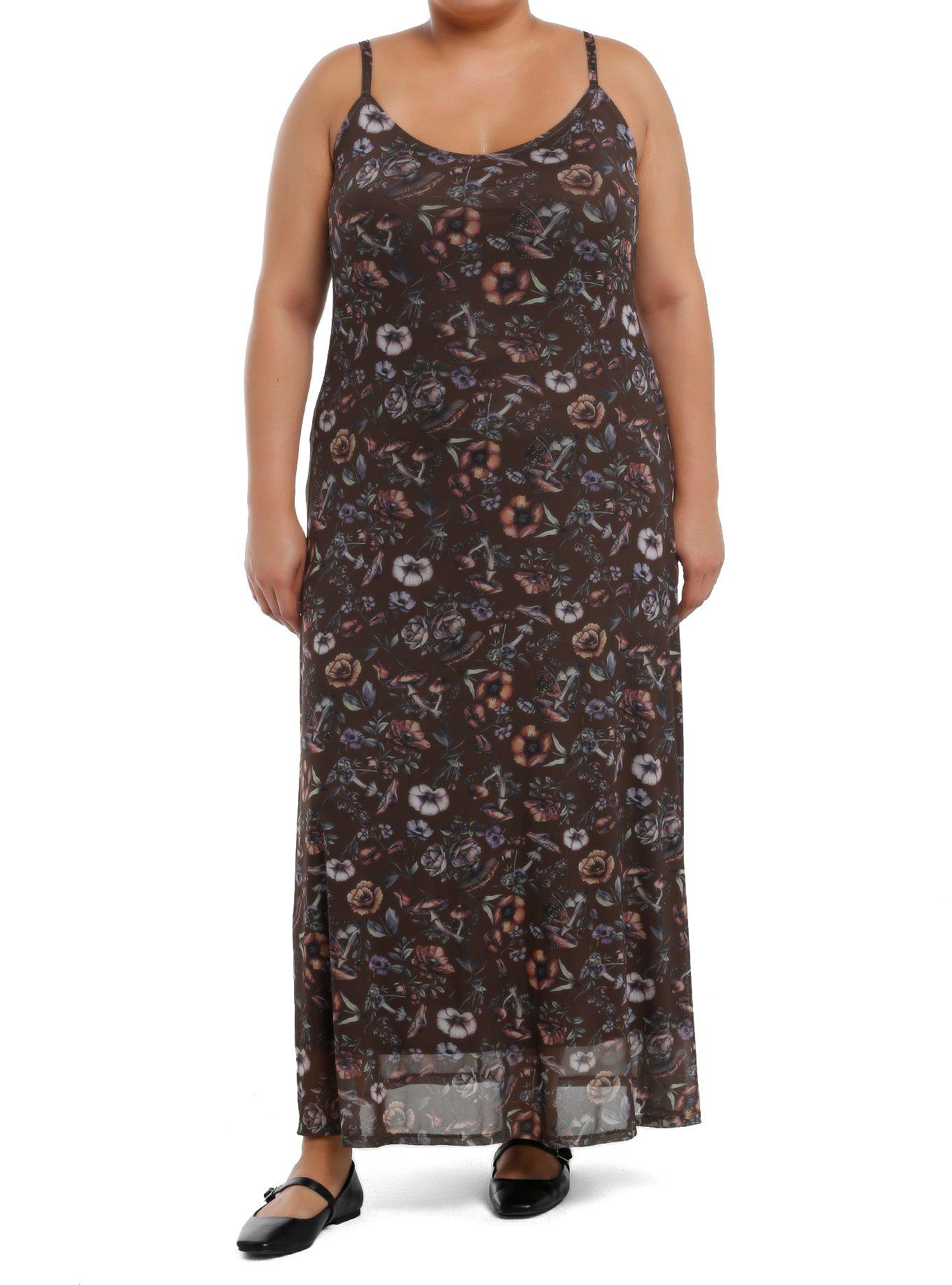 Thorn & Fable Brown Mushrooms & Flowers Maxi Dress Plus Size, , hi-res