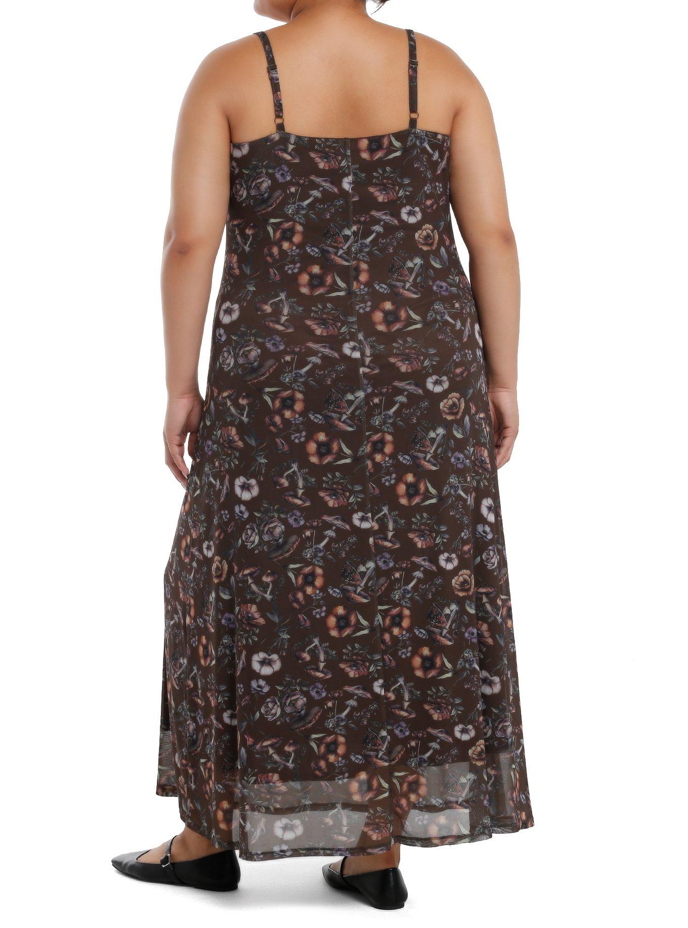 Thorn & Fable Brown Mushrooms & Flowers Maxi Dress Plus Size, BROWN, alternate