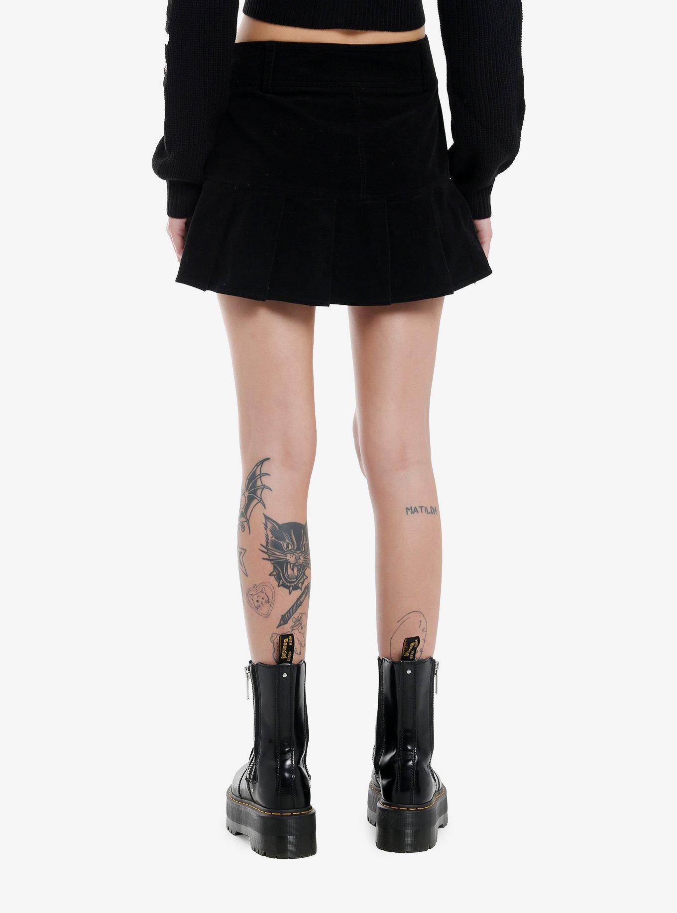 Social Collision Black Corduroy Skull Zipper Pleated Mini Skirt, , hi-res