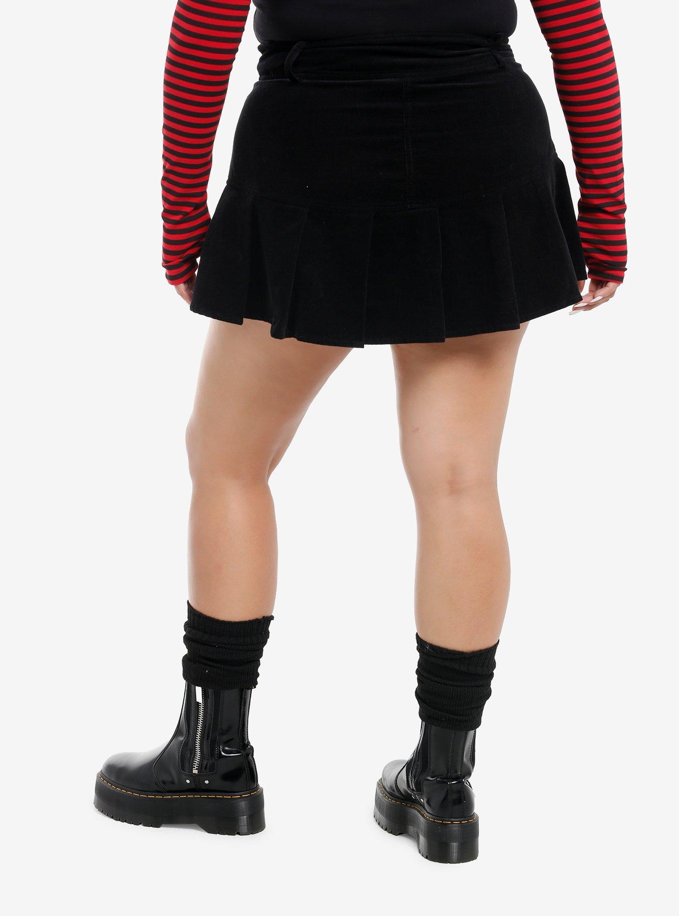 Social Collision Black Corduroy Skull Zipper Pleated Mini Skirt Plus Size, , hi-res