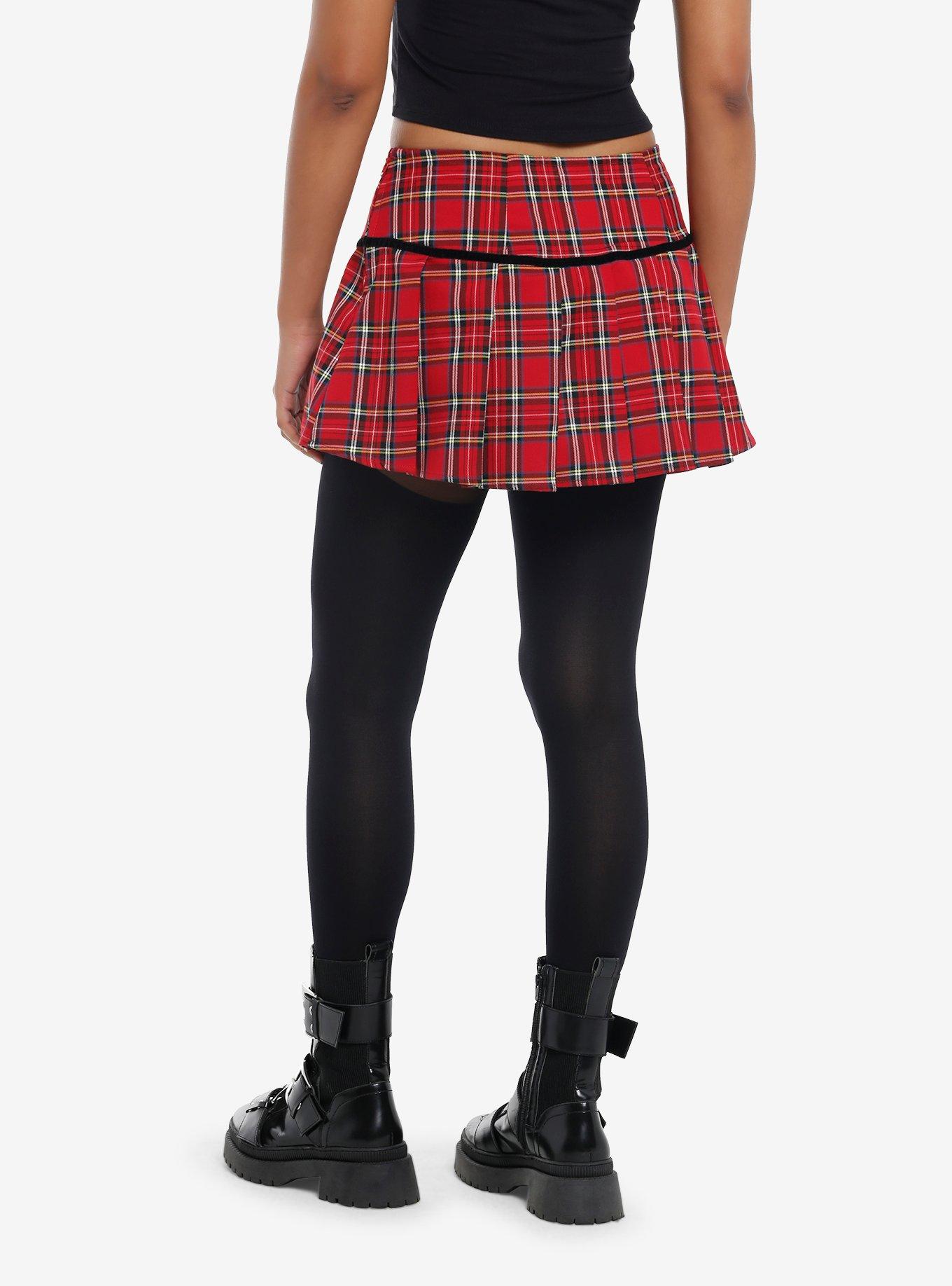 Social Collision Red Plaid Velvet Bow Pleated Mini Skirt, , hi-res