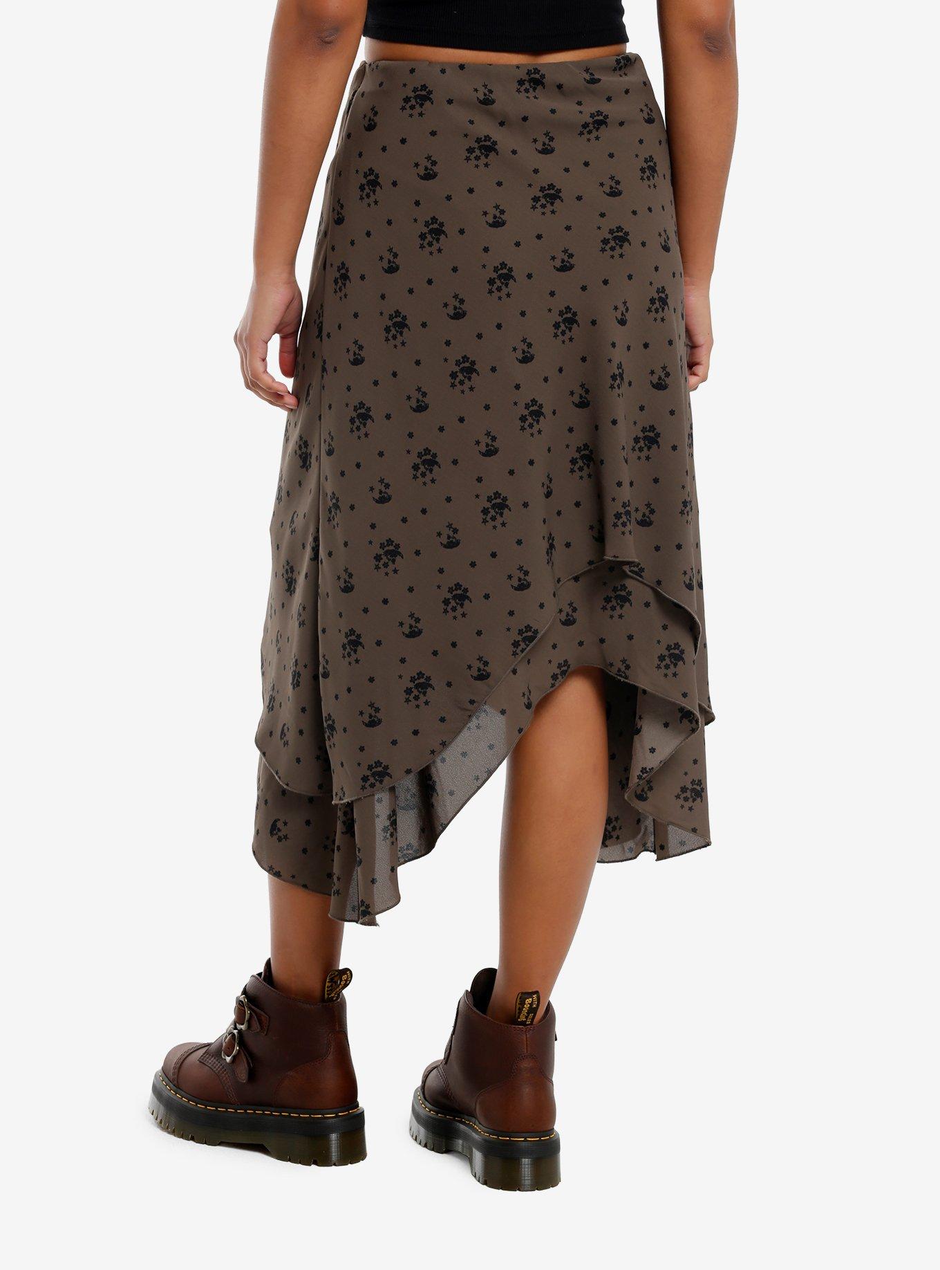 Social Collision Brown & Black Daisies Shark Bite Skirt, , hi-res