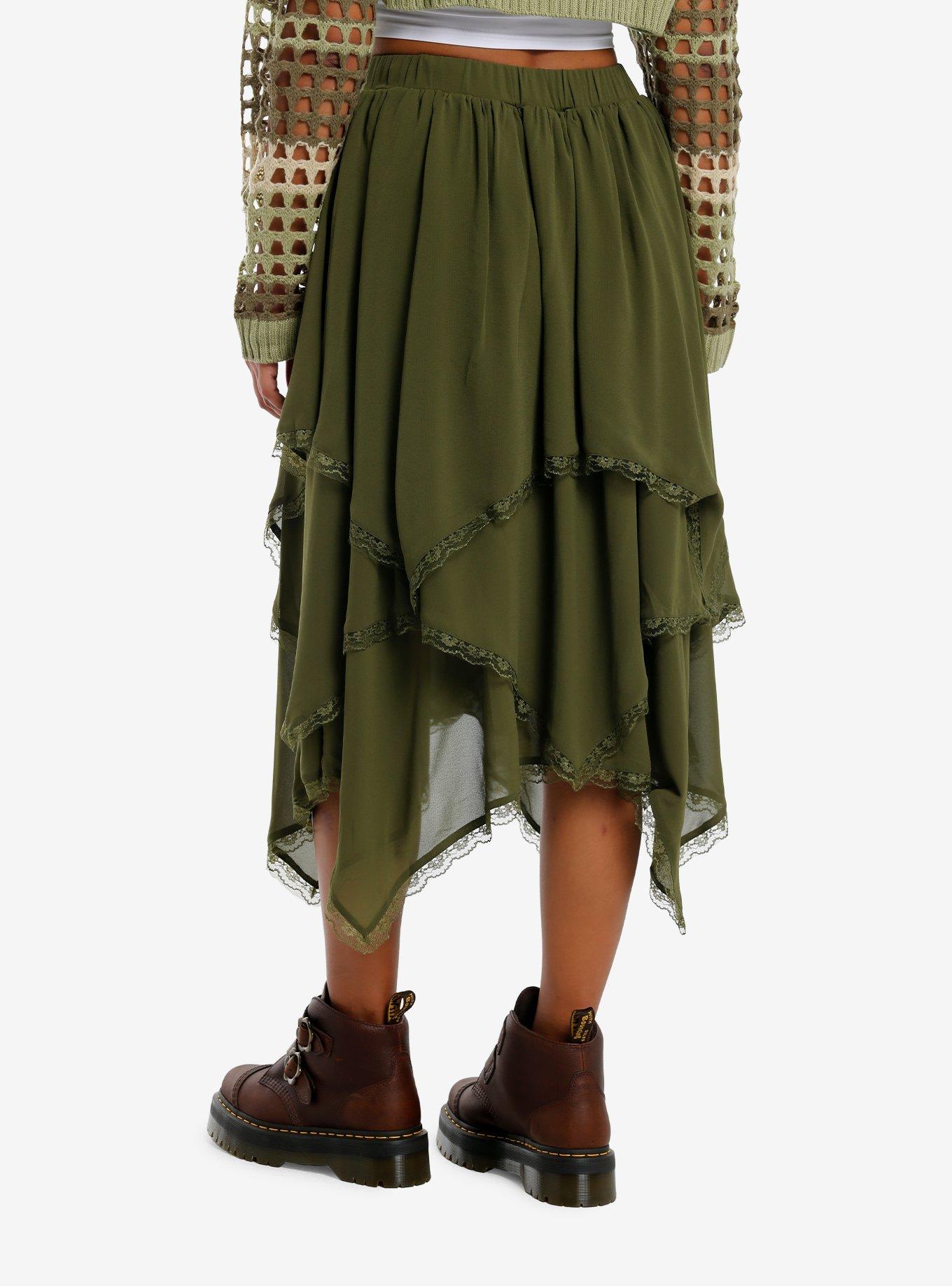 Thorn & Fable Green Tiered Hanky Hem Midi Skirt, , hi-res