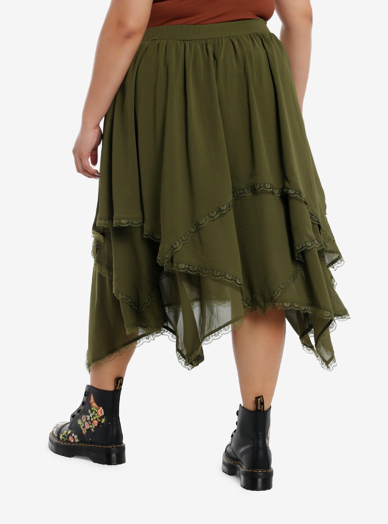 Thorn & Fable Green Tiered Hanky Hem Midi Skirt Plus Size, , hi-res