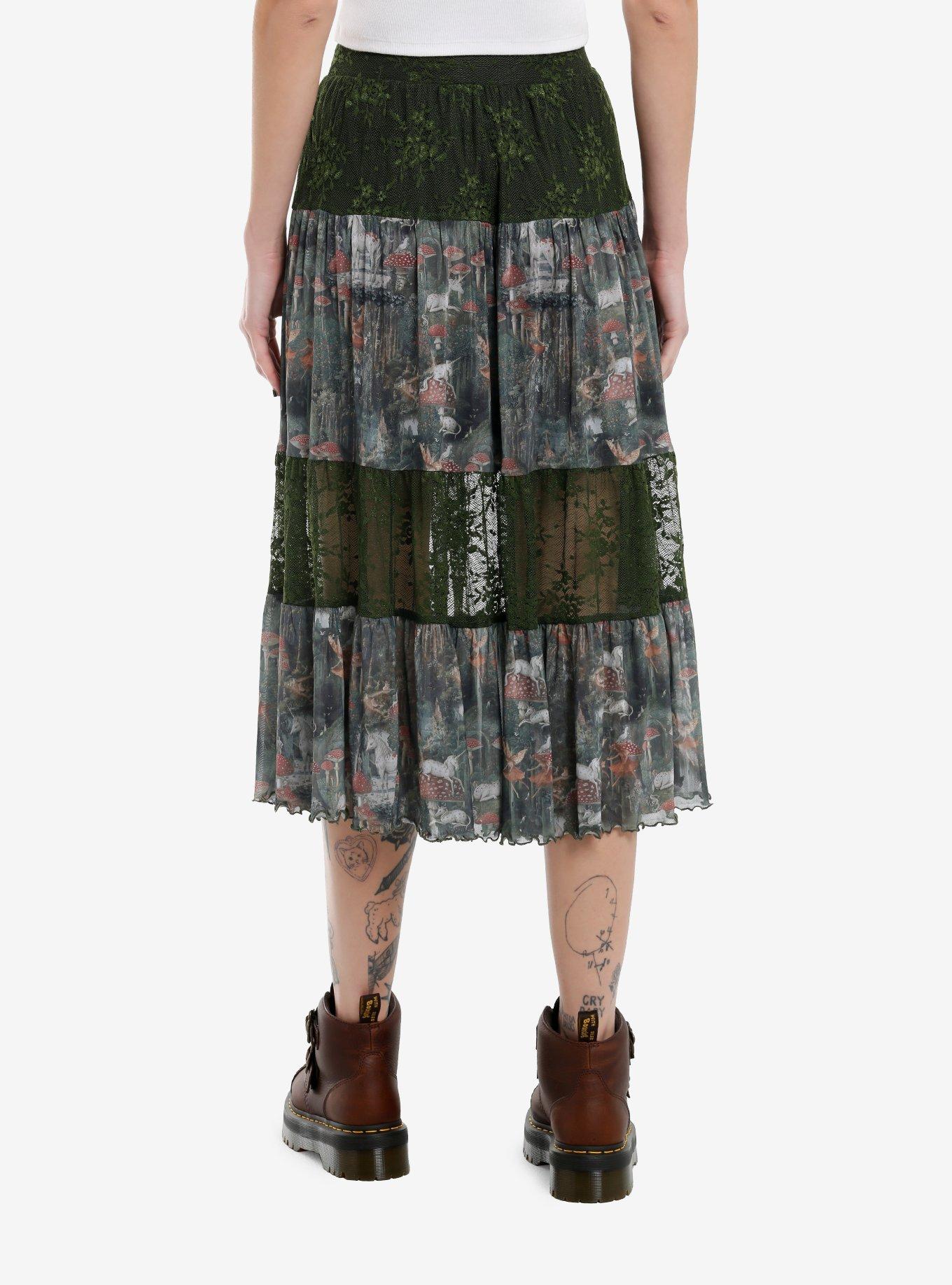 Thorn & Fable Unicorns & Mushrooms Green Lace Sheer Midi Skirt, , hi-res